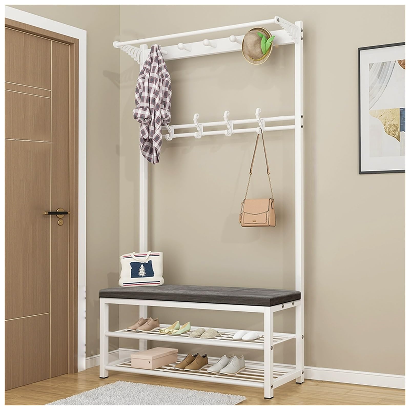 FGXHHS Coat Rack Shoe Bench Industrial Hall Tree Storage for Entryway, with Rack，Wood Look Accent Large Shelf Hanging Bar, Hooks(White,L100*W33CM/L39.3*W12.9IN)
