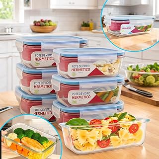 Kit 6 Potes de Vidro 640ml Hermético com Tampa 4 Travas – Borossilicato, Marmita Fit, Freezer e Micro-ondas
