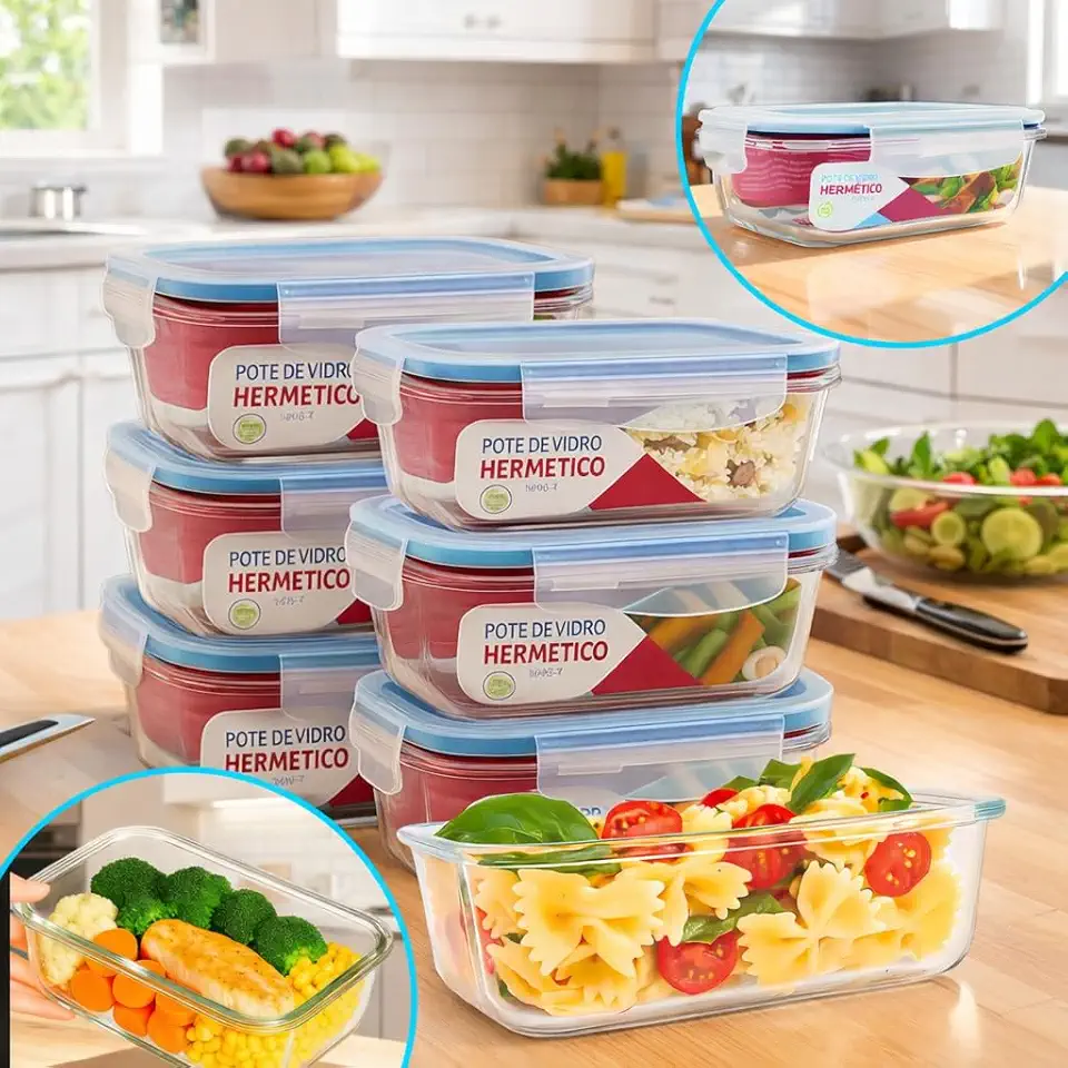 Kit 6 Potes de Vidro 640ml Hermético com Tampa 4 Travas – Borossilicato, Marmita Fit, Freezer e Micro-ondas