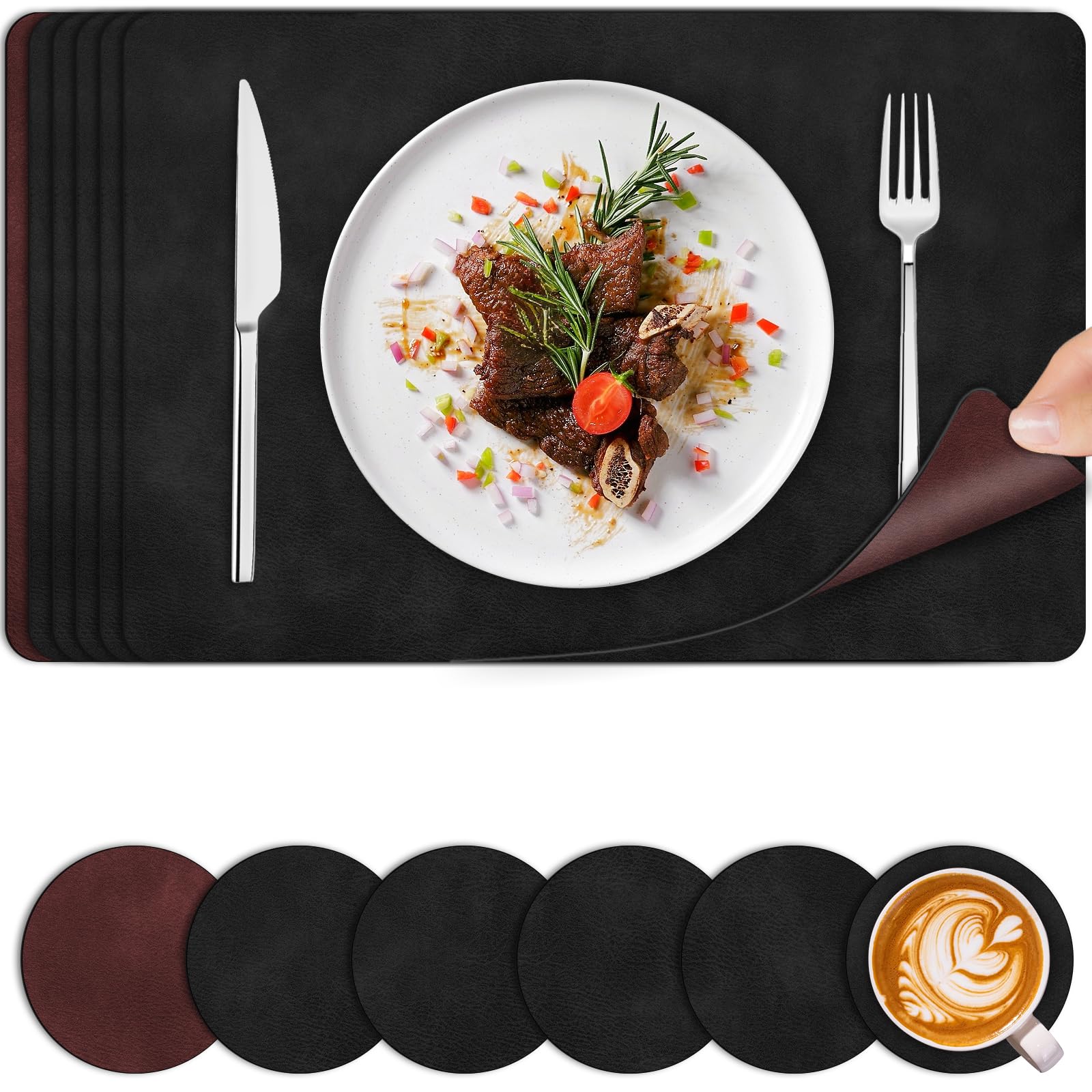 Table Mats Set of 6, Large PU Leather Placemats and Coaster Sets 6, Place Mats Heat Resistant Washable Wipe Clean