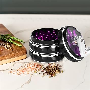 Hand Cranked Clear Top Grinder, 2.5'' Large 4-Part Aluminum Alloy Spice Grinder with Foldable Handle, Scraper and Cleaning Brush, SSFF-FBA-4504965