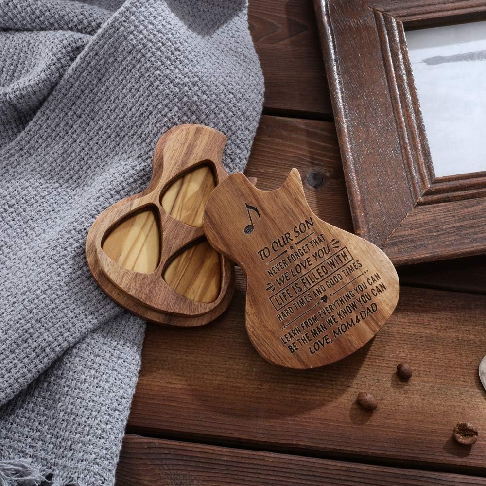 Custom Guitar Pick Holder with 3 Pcs Wooden Guitar Picks, Custom Any Message Wooden Guitar Picks, Personalized Guitar Wooden Pick Music Gift for Son Dad Husband Boyfriend (Spotify guitar picks)