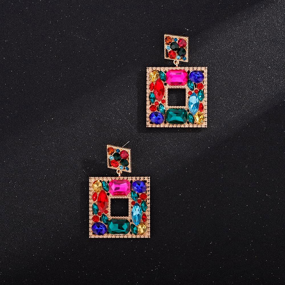 Denifery Rhinestone Geometric Bling Earrings Boho Crystal Earrings Bridal Wedding Earrings Rhinestone Statement Earrings for Women (Colorful) - Image 5