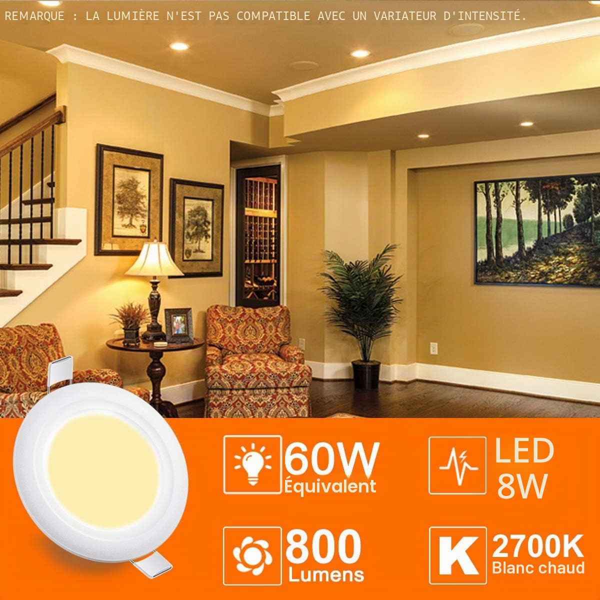 HEKEE Spot Led Encastrable 8W (équivalent 60W), Découpe 68-85mm, Encastré Lampe Plafonnier IP44 2700K blanc chaud - Lot de 5