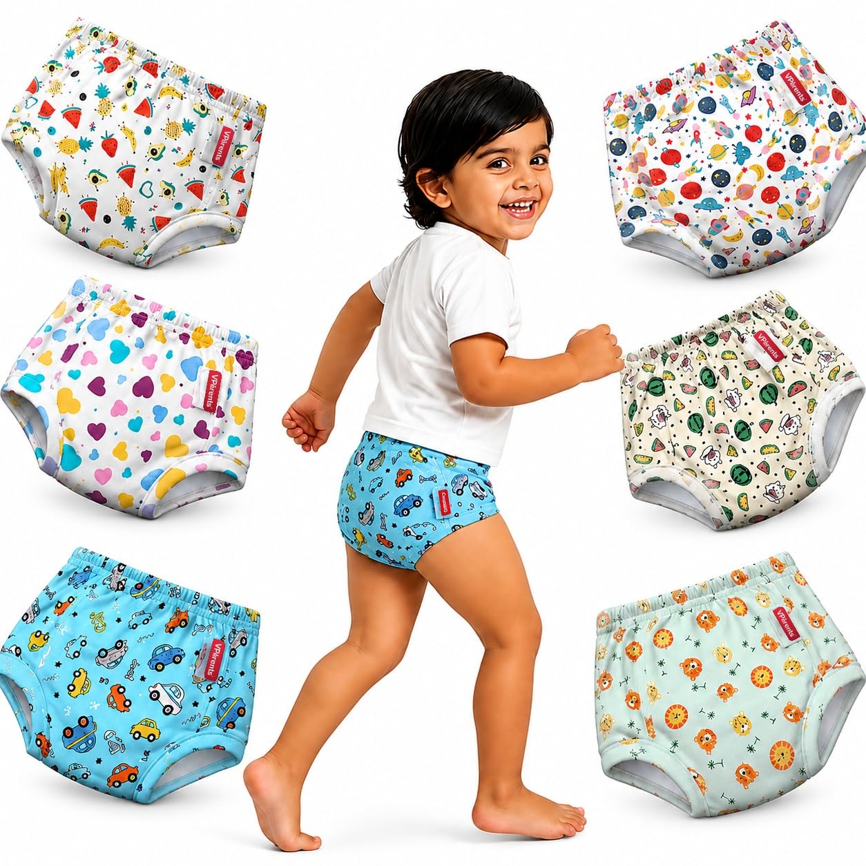 VParents Padded Underwear for Babies and Toddlers with 3 Layers of Cotton Padding Potty Training Pull Up & Diaper-Free Time (3-4 years) PO6 Lion, Car, Heart, Galaxy, Fruit & Watermelon-image-14