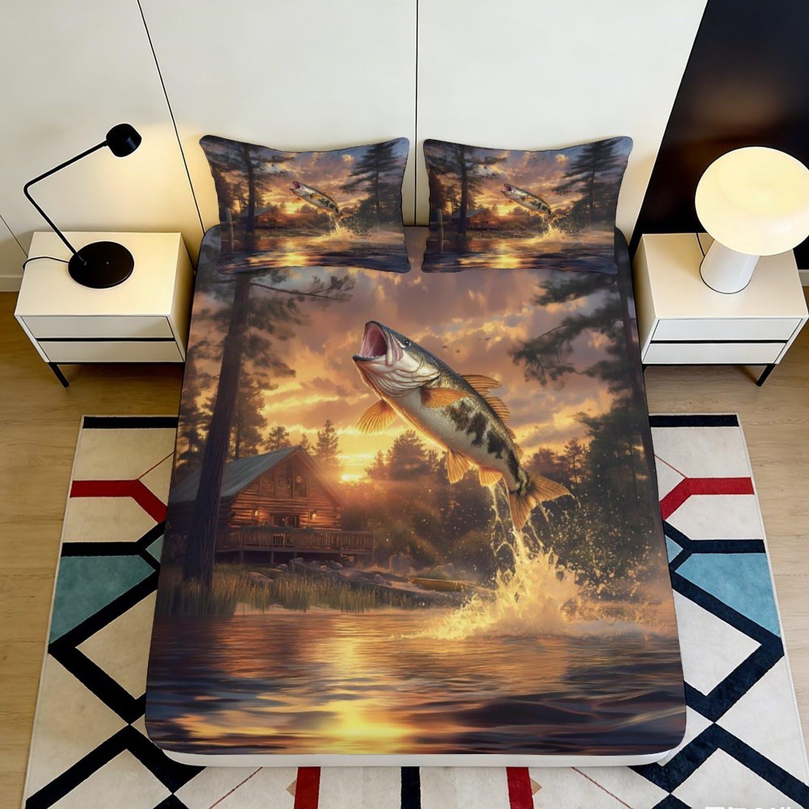 3D Printed Sunset Lake Fishing Fitted Sheet Microfiber Soft Cabin Forest Bed Cover for Bedroom Guest Room Decor 140x200x25cm