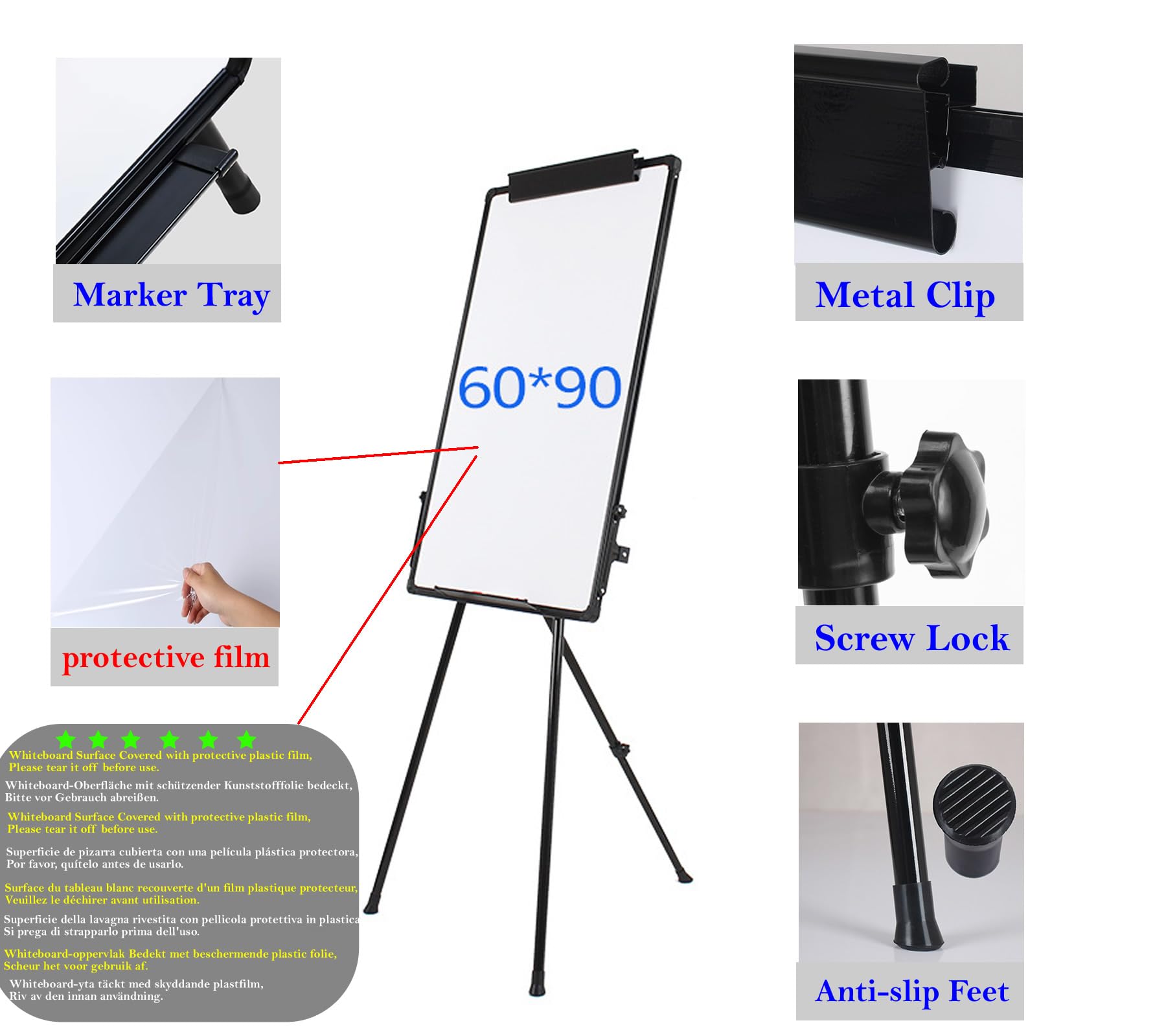 90x60cm Magnetisch Whiteboard U-Stand/Flipchart Ezel, Dubbele Kanten Stand Wit Board Ezel In Hoogte Verstelbaar En Opvouwbaar U Stand Ezel Zwarte U Standaard