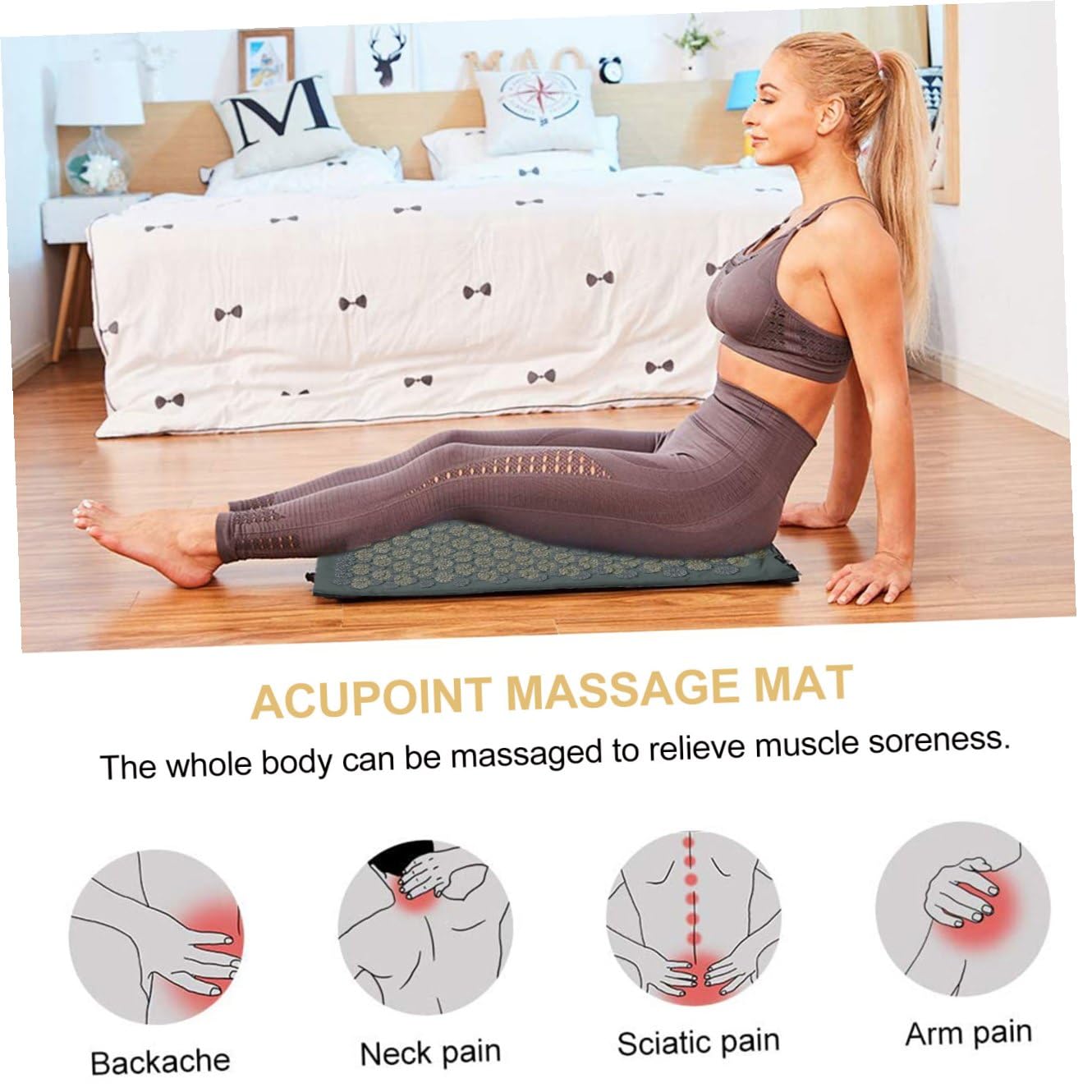 Kit 2 Pièces de Tapis de Massage et Coussin D'acupression Cervicale Confortable en Coton avec Paquet de Rangement Lavable pour Relaxation du Dos