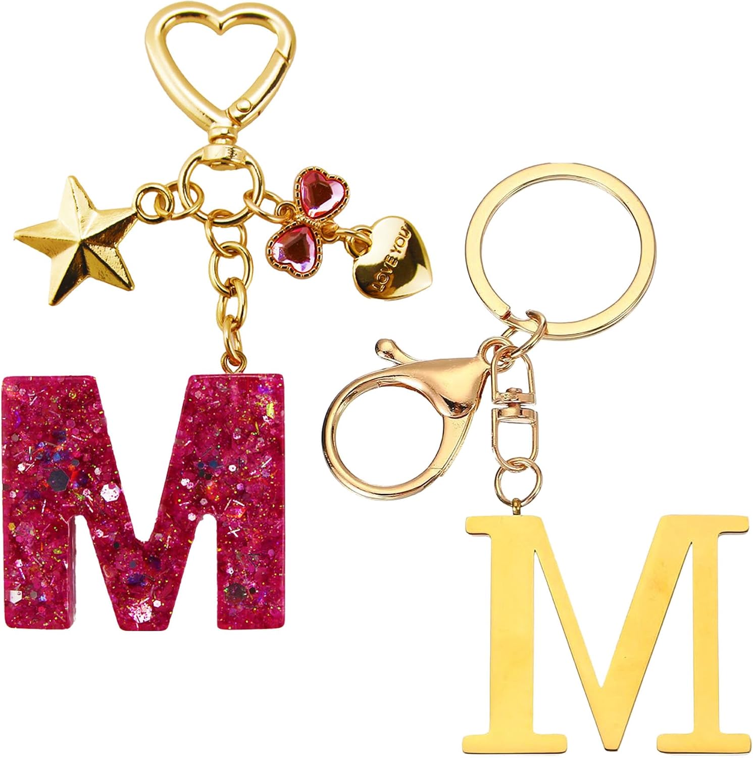 2 Pack Cute Bling Keychain initial Letter Bow Star Gift for Women Purse Bag Charms Phone Car Keys Accessories