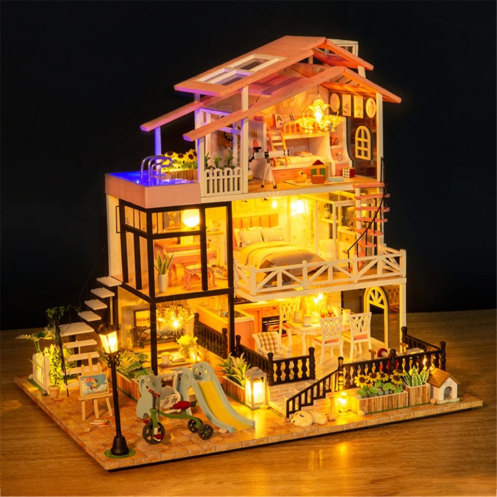 Amazon.co.jp: 家具キット付きDIY木製ドールハウスミニチュアピンク