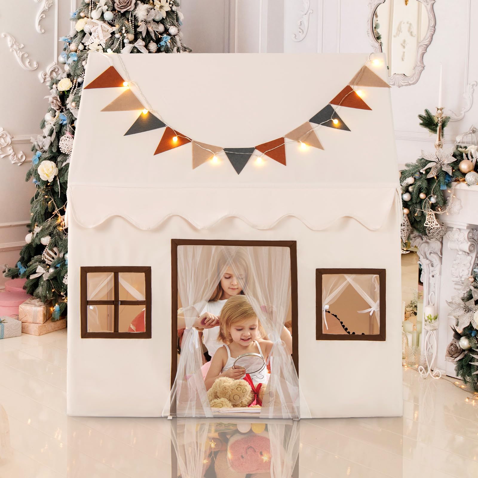 COSTWAY Spielhaus Kinder Indoor, Kinderzelt mit Matte und Lichtern, Spielzelt für Drinnen, Kinderspielhaus ab 3 Jahren für Kinderzimmer, Spielzimmer, Party