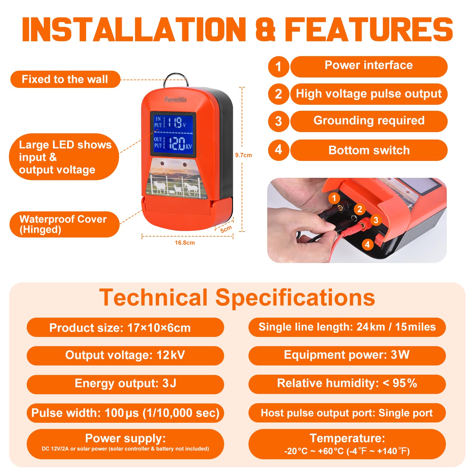 Energizador de Cercas Eléctricas 12V con Pantalla LED, Cerca Eléctrica 3J 230V para 24 KM, Alimentación Múltiple (Red/Batería/Solar), Cargador de Cercas para Ganado, Caballos y Granjas