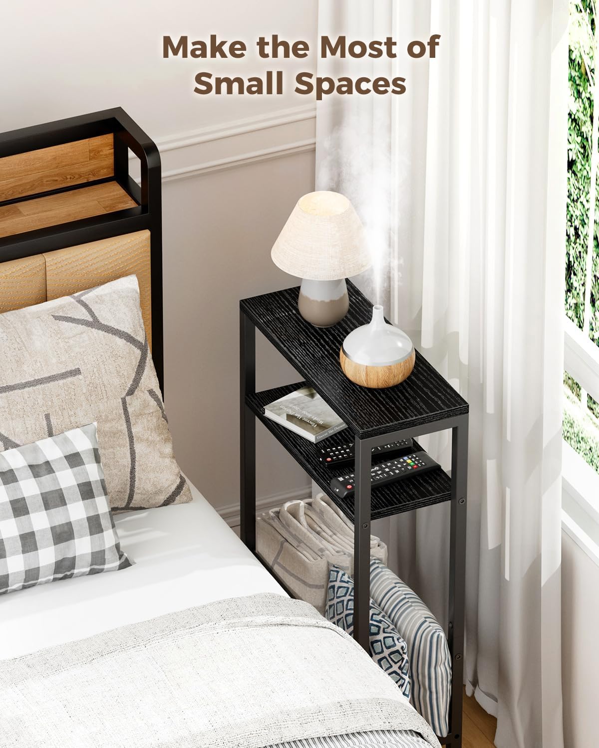 Karii Narrow Side Table, Skinny End Table for Small Spaces with Storage, 3-Tier Slim Wooden Bedside Nightstand Thin Couch Table for Living Room Bedroom Office Dorm Kitchen Bathroom (1, Black)