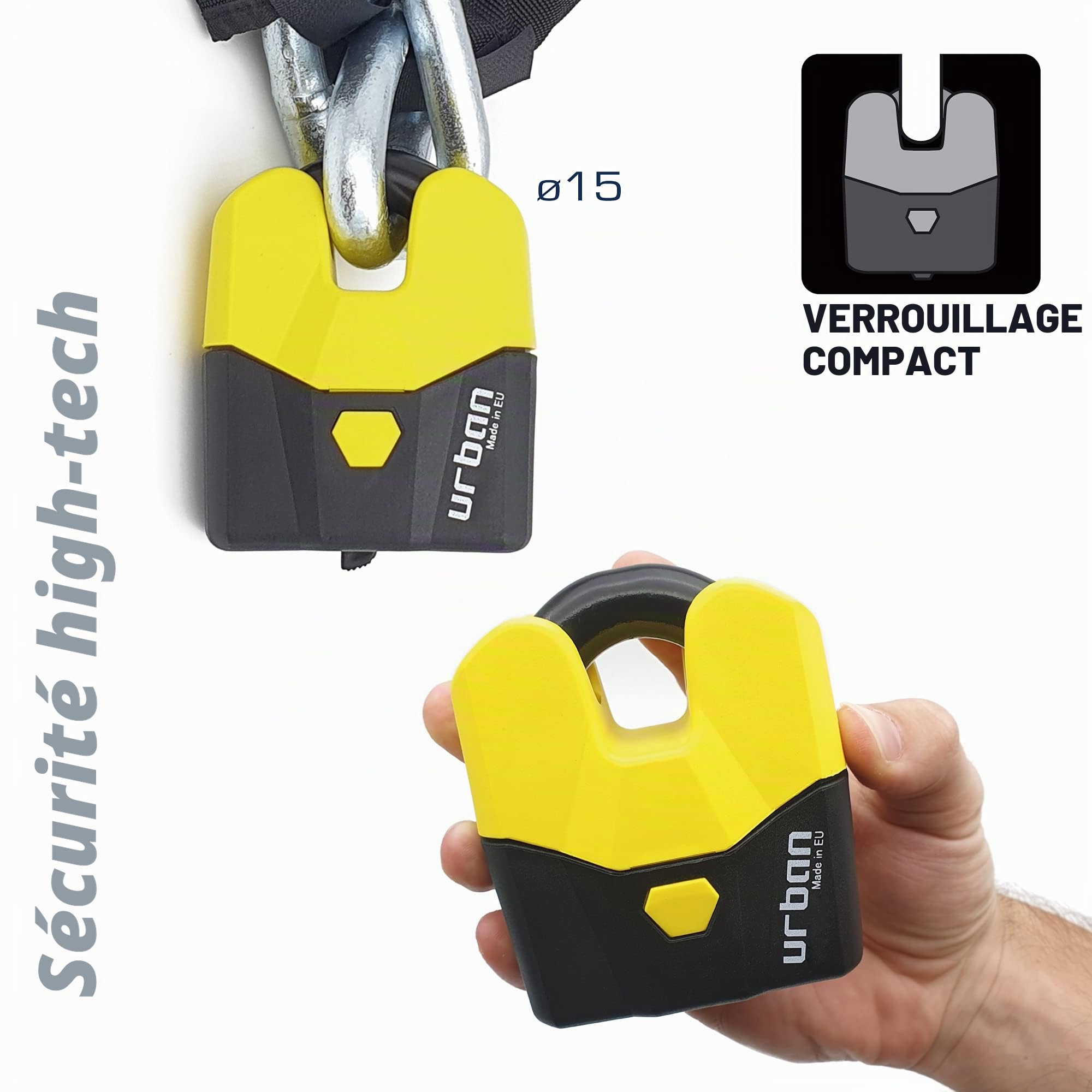 URBAN U8K Cadenas Haute Sécurité Homologué SRA Combinable avec Chaîne, Double Fermature ø15 Arc, Serrure Anti-Pick Anti-Perçage, Cadenas Antivol Blindé Polyvalent Portes Conteneur