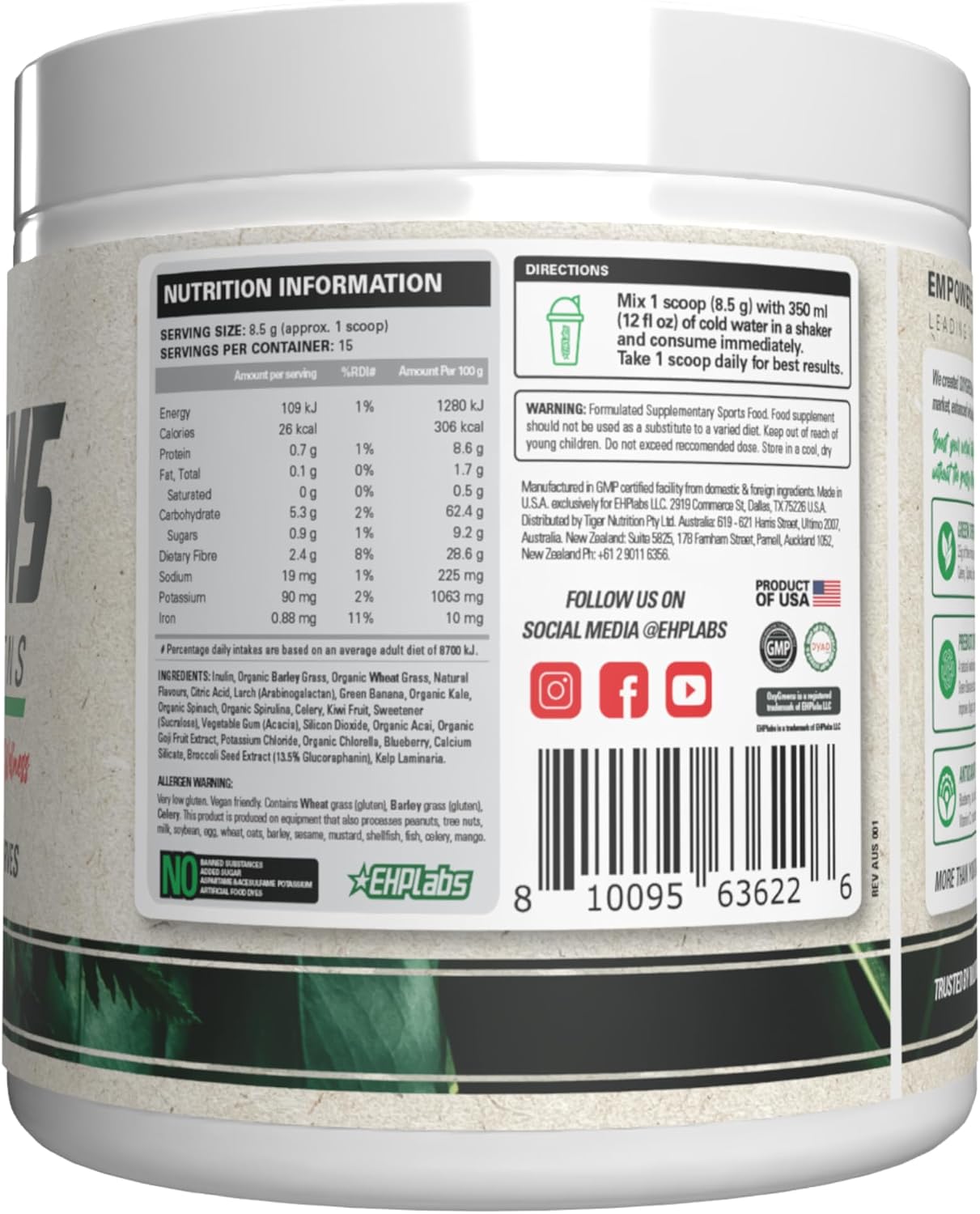 EHP Labs OxyGreens Super Greens Powder with Spirulina & Chlorella, Prebiotic Fiber, Probiotics & Digestive Enzymes – Antioxidant Green Superfood Supplement - 15 Serves (Strawb. Margarita)