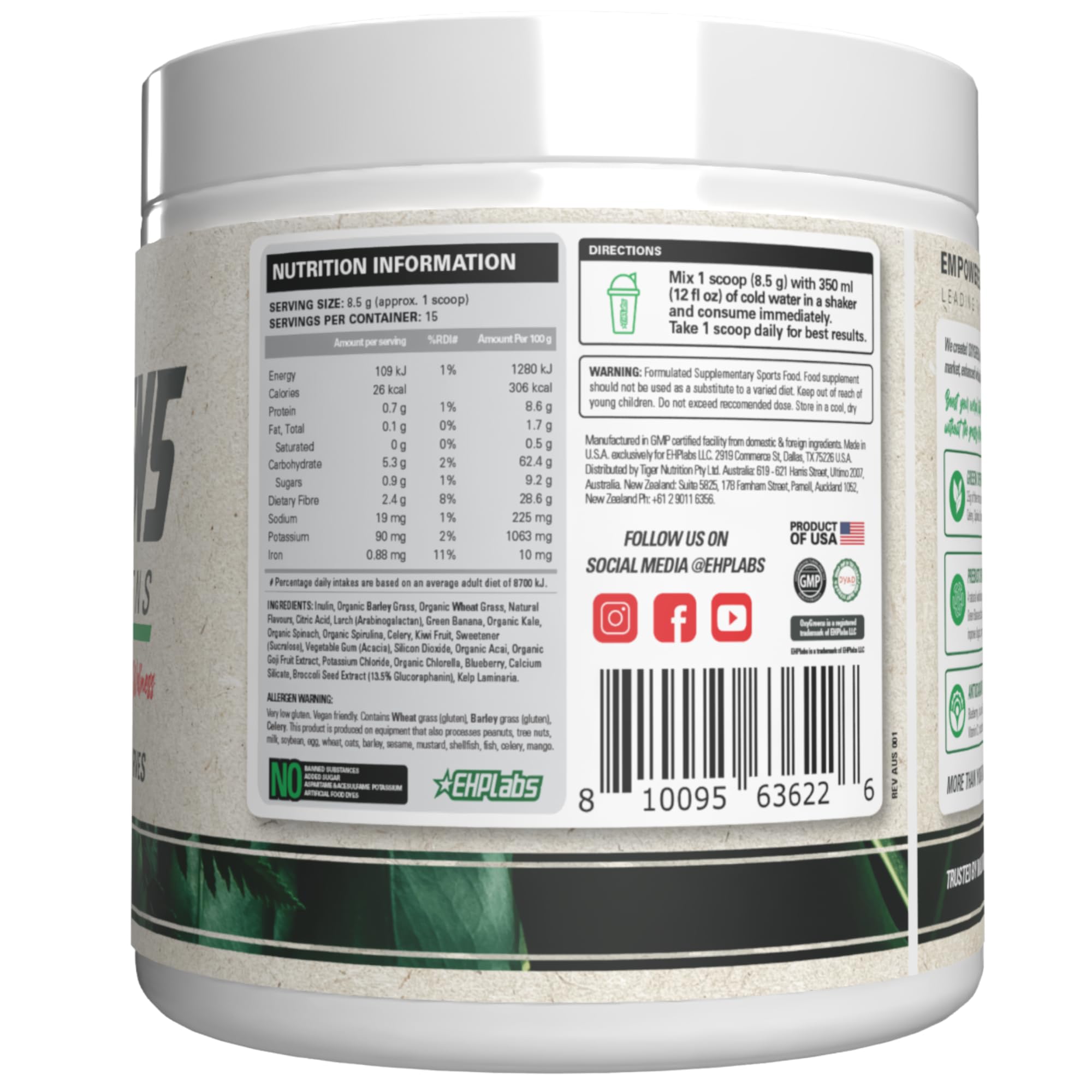 EHP Labs OxyGreens Super Greens Powder with Spirulina & Chlorella, Prebiotic Fiber, Probiotics & Digestive Enzymes – Antioxidant Green Superfood Supplement - 15 Serves (Strawb. Margarita) — Amazon image 7