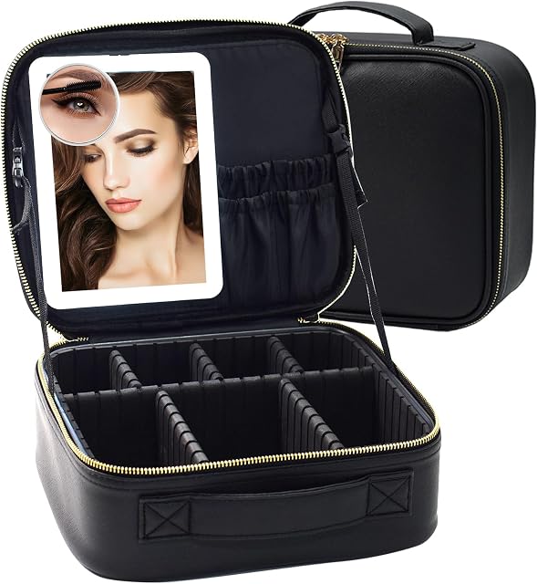 Travel Makeup Train Case,Cosmetic Organizer with LED Mirror Lighted 3 Color Brightness with Adjustable Dividers, Makeup Brushes Storage and A 10X Mirror Gifts (Black)