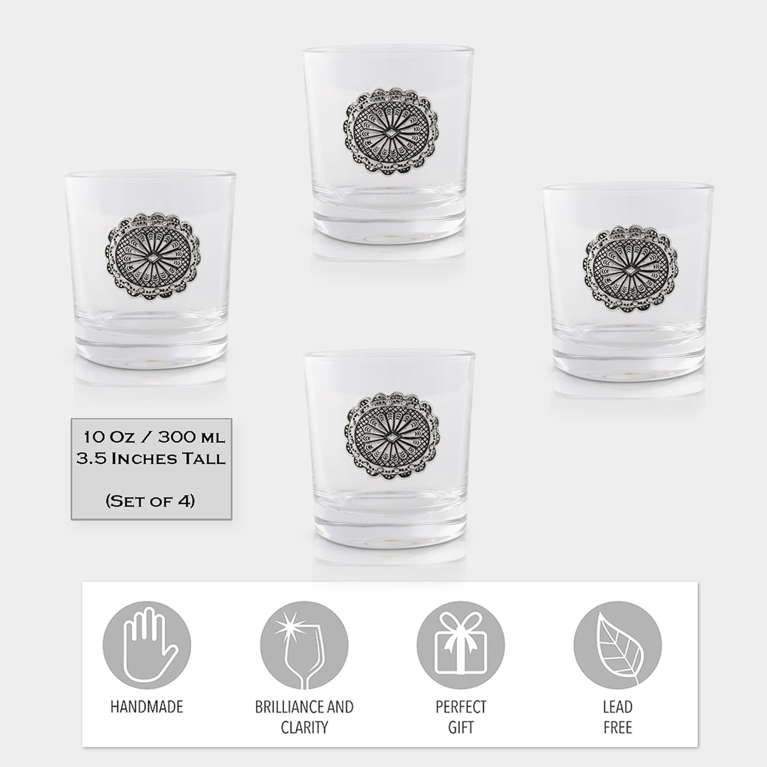 Arthur Court Western Concho Double Old Fashioned Whiskey Glasses (Set of 4 glasses) - Bourbon Cocktail Scotch Tumbler Bar Glasses Set DOF Lead-Free Glassware