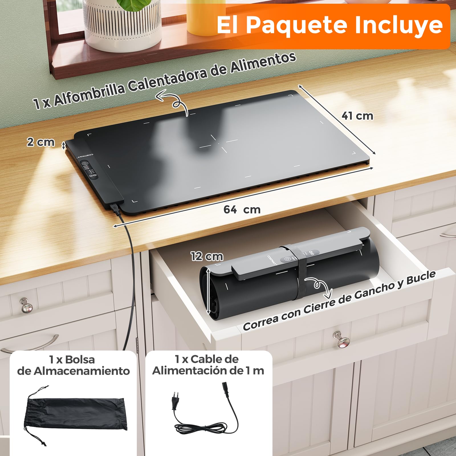 COSTWAY Alfombrilla Calentadora Eléctrica de Silicona, Calentador de Comida Enrollable con Temperatura Ajustable en 60-100℃, Temporizador 5H y Bloqueo Infantil, Portátil para Buffet, Fiesta y Cocina