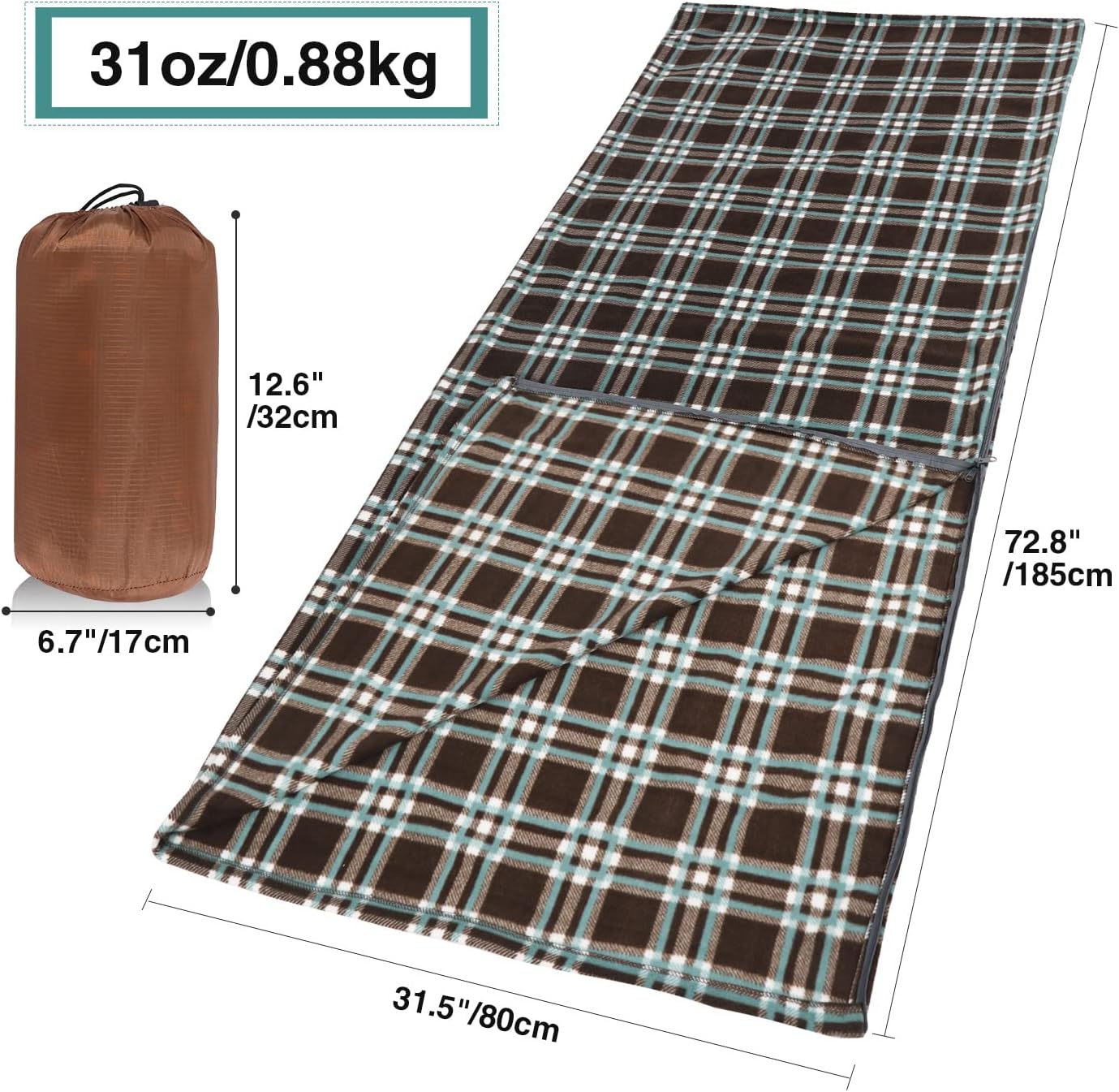 REDCAMP Fleece Sleeping Bag Liner Thicker for Adult Warm or Cold Weather, 73" Long Full Sized Zipper Camping Blanket for Outdoor Indoor Used with Sack, Brown