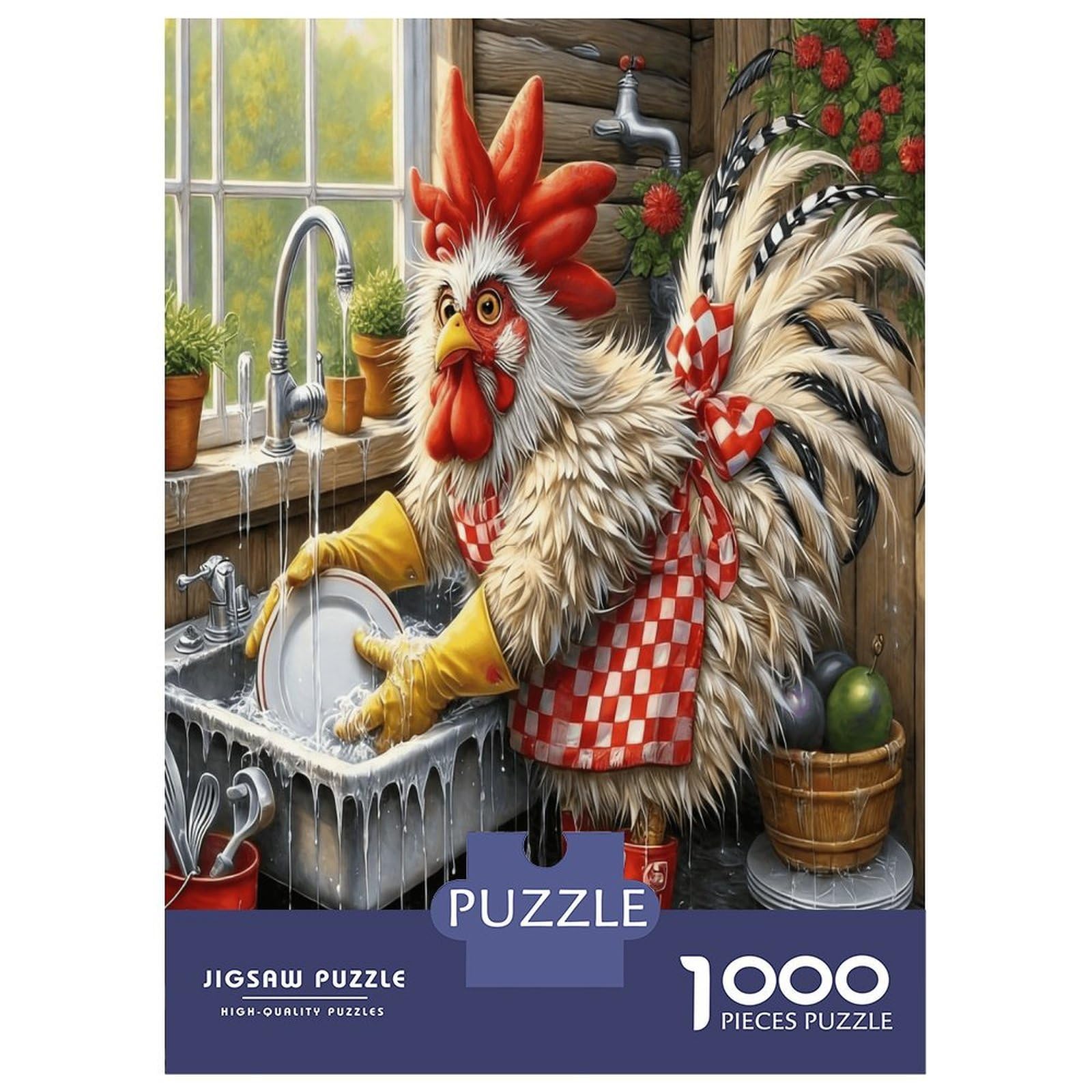 Rooster Washing Dishes 1000 Piece Classic Jigsaw Puzzle Whimsical Farm Puzzle for Adults Thick Cardboard Impossible Hard Challenging Decompression Wall Decor Relaxation Creativity 38x26cm/1000pcs