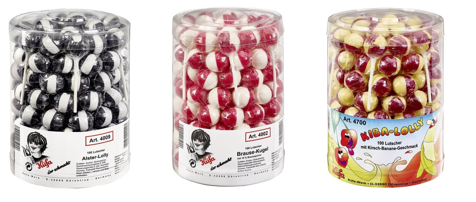 300 Küfa Lutscher Mix Lolly aus Brausekugel/Alster-Lolly/Kibalutscher a 17g einzeln verpackte Kugel-Lollis