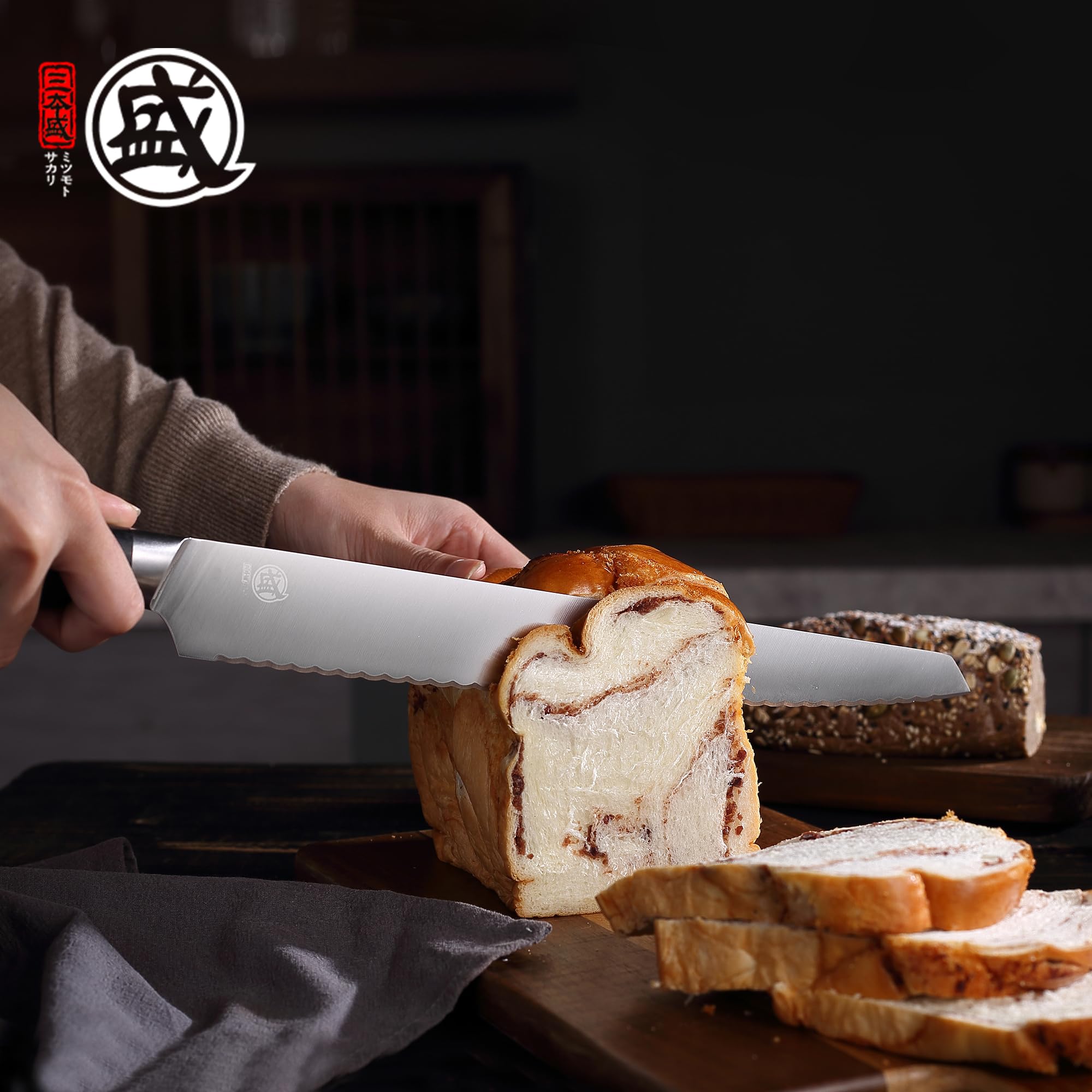 MITSUMOTO SAKARI 30 cm Doppelschneidiges Edelstahl Brotmesser | Extrem Scharfer Japanischer Professioneller Wellenschliffmesser, Geeignet Für Brot, Bagels Und Kuchen , Pakkawood Griff