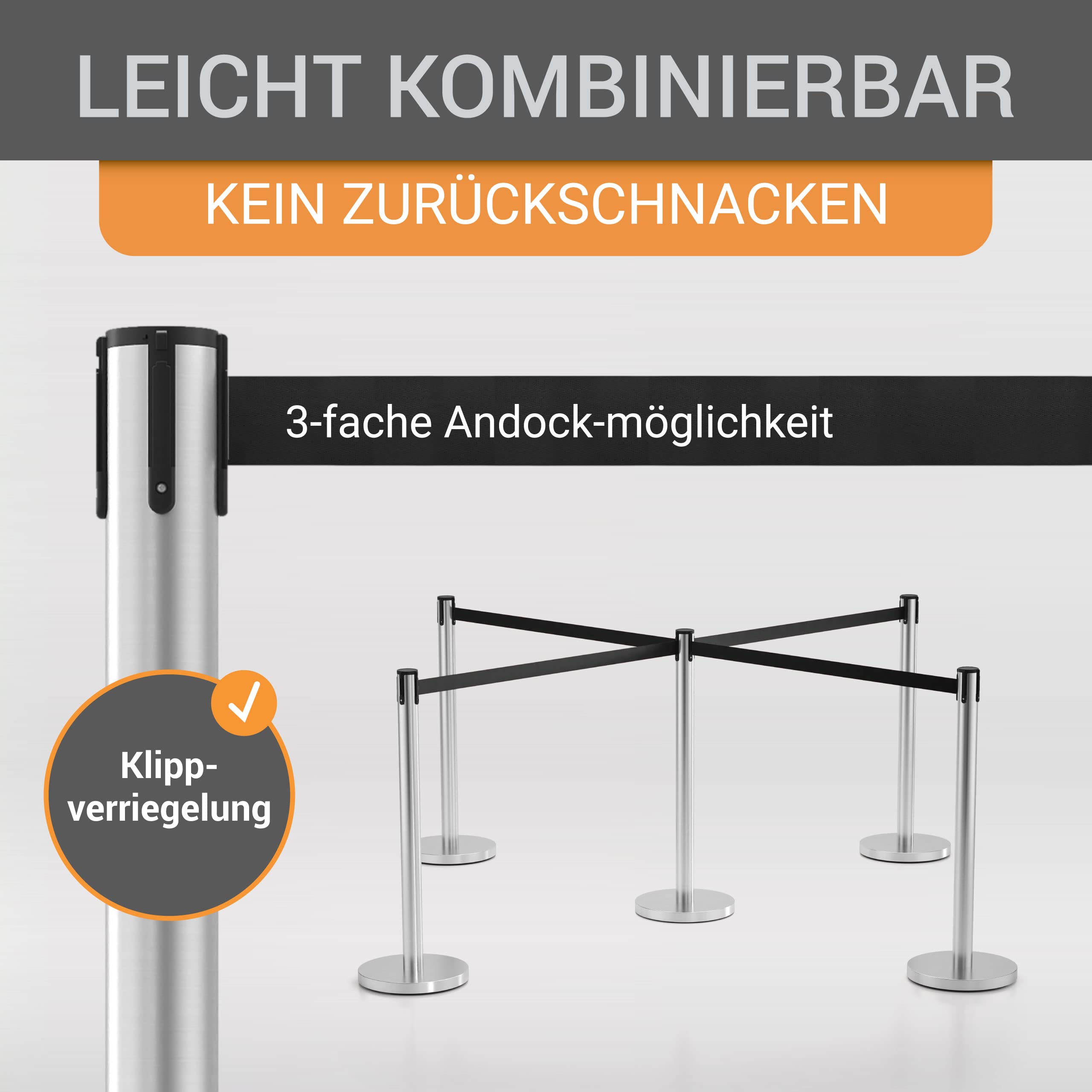 Gurtpfosten Edelstahl gebürstet - 4er Set - Pfostenhöhe: 98,0 cm, Gurtlänge: 3,0 m, Gurtbandbreite: 4,8 cm - Gurtfarbe: schwarz