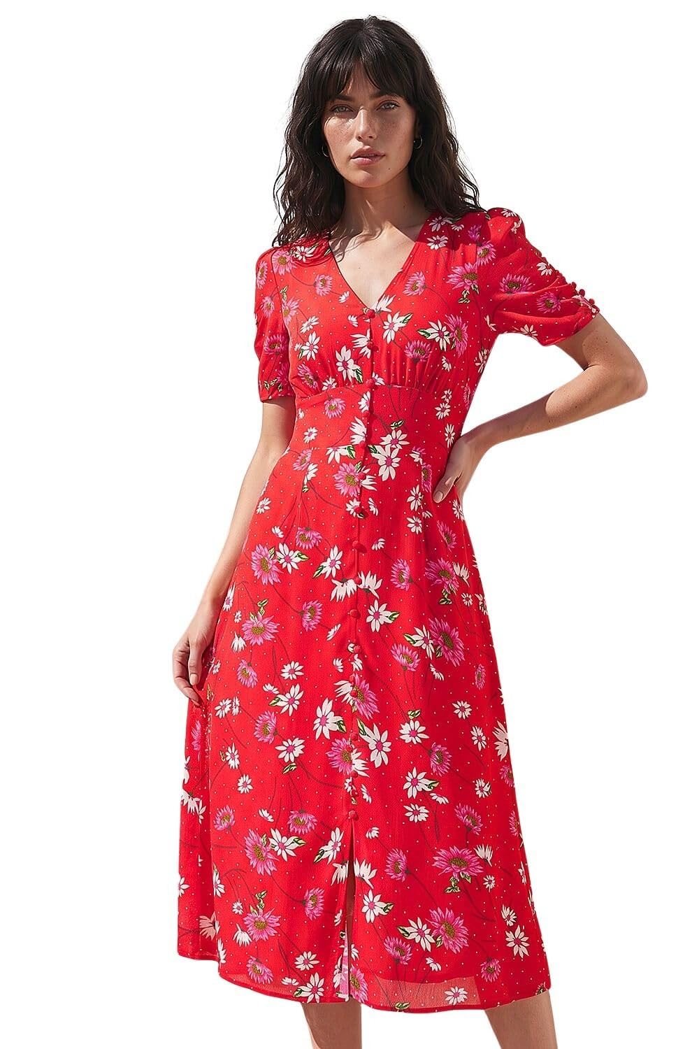 Roman Originals Swing Tea Dress Women UK Ladies Skater Midi A Line Fit & Flare Summer Casual Smart Cocktail Party Going Out Work Cruise Button Through Long Pocket - Floral Red - Size 12