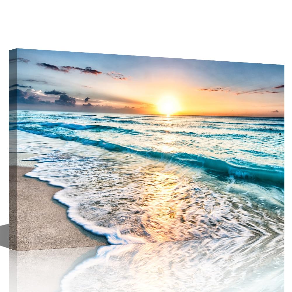 Tishiron Blue Wall Decorations Beach Sunset Wave For Home Modern Decor Ocean Sea Painting Pictures Print On Canvas Wall Art Wooden Frame Ready To Hang(36X24in)