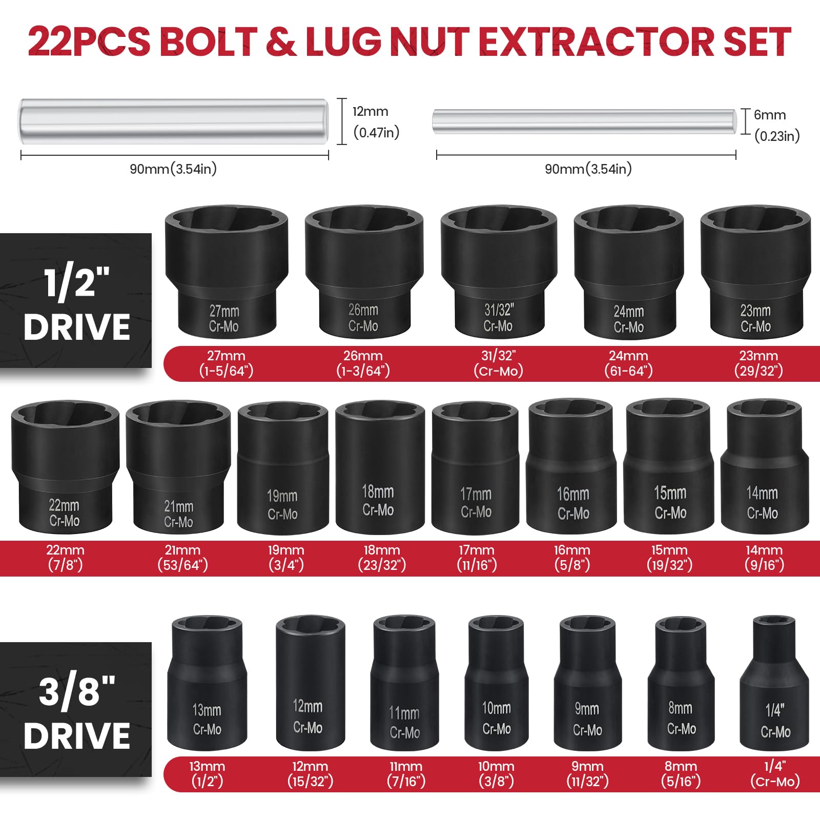 Juego de 22 extractores de pernos, 1/2 pulgada y 3/8 pulgadas, herramienta de extracción de tuercas de bloqueo fáciles de quitar, kit de extracción de bloqueo de rueda Ez Out para extraer tuercas y