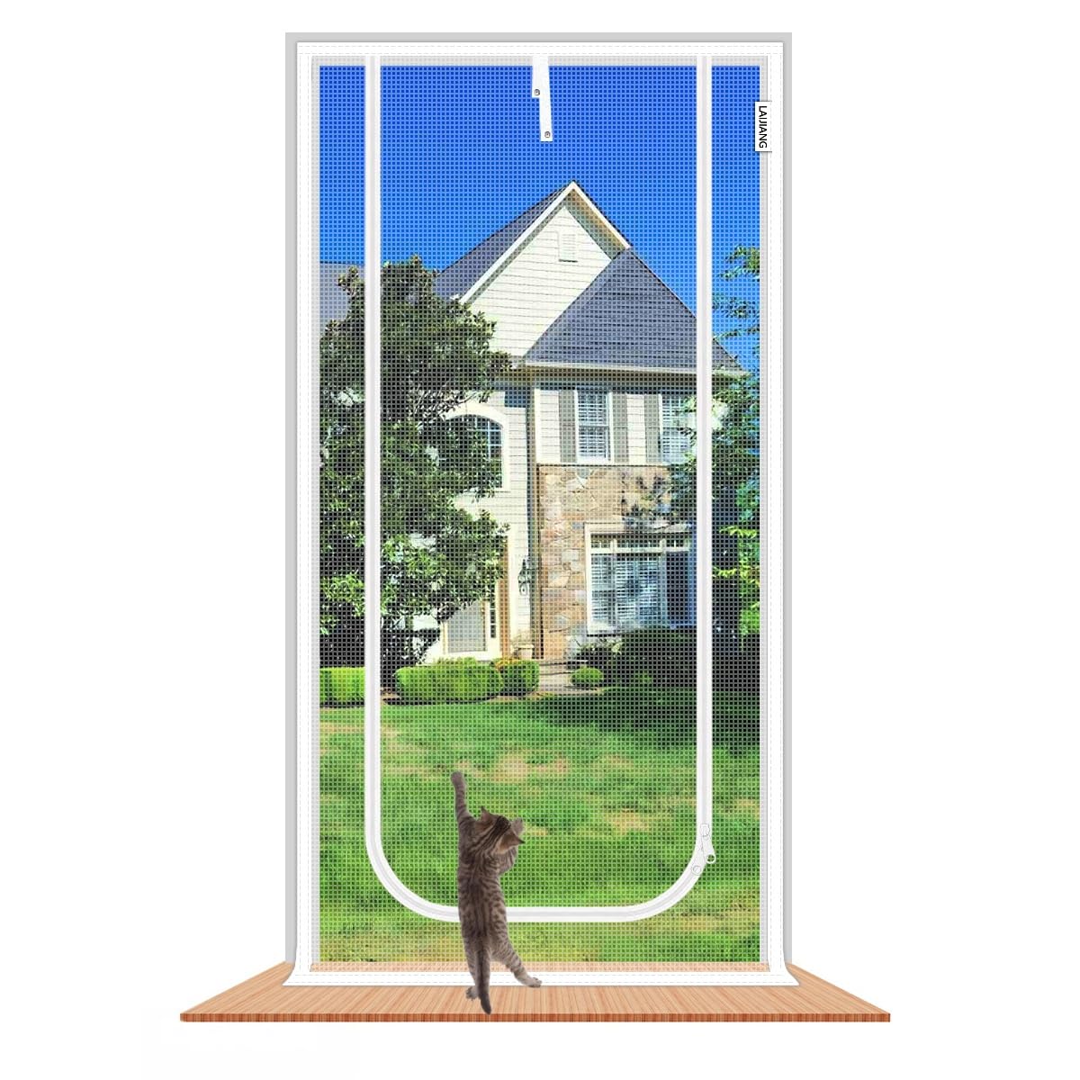 Laijiang White U Cat Screen Door, Reinforced Mesh Screen Door With Zipper Closure, Easy Access, Keep Cats In, Bugs Out, Air Fresh, Pets Scratch Proof For Front Doors, Sliding Doors (110X210cm)
