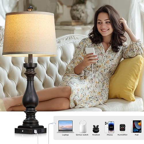 Miniatura 3 de 29" Tall Vintage Table Lamps Set of 2,Black Farmhouse Bedside Lamps with USB C+A Ports & AC Outlet,3-Way Dimmable Touch Lamp for Night Stands Living