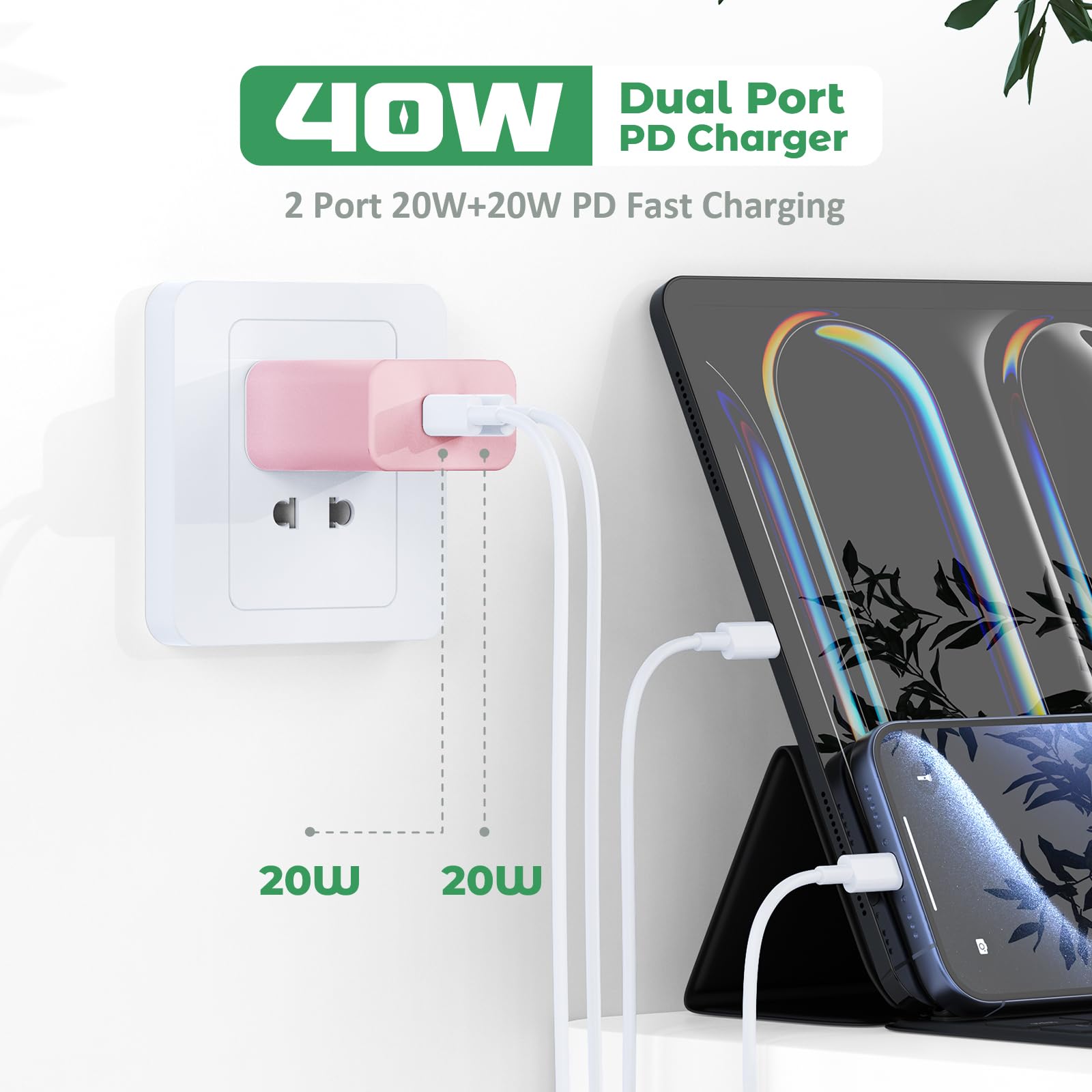 USB C Charger Block, 40W Dual Port Fast Charger 20W Type C Charging Block 3.1A USB Wall Charger Dual Port PD+QC Charging Cube for iPhone 15 16 14 13 12 11 Pro Max XS, iPad, Samsung Phone-Pink