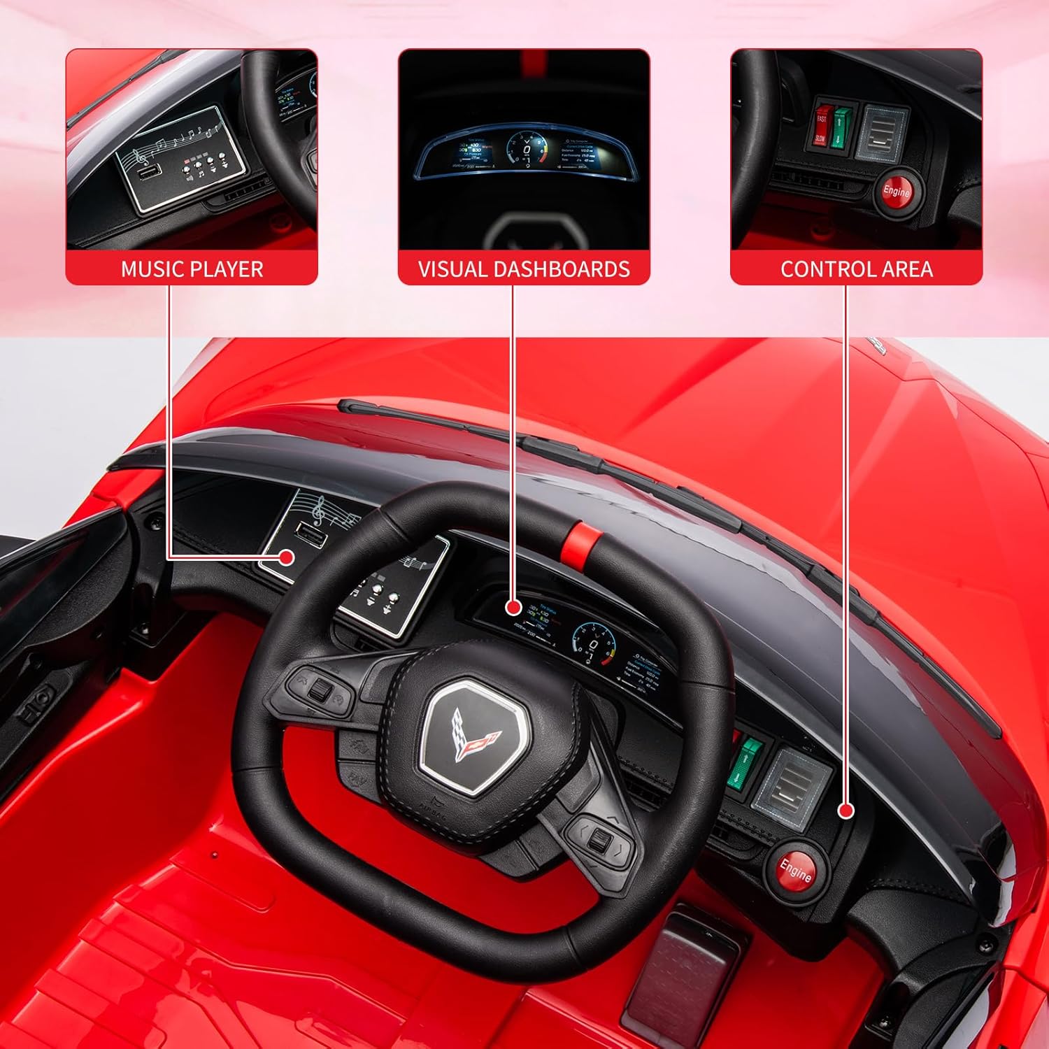 Ride on Sports Car 12V Battery Powered Car for Kids Licensed Corvette Toddlers Electric Car Toy with Remote Control, Visual Dashboard, Music, LED Lights, Gifts for Boys Girls, Red