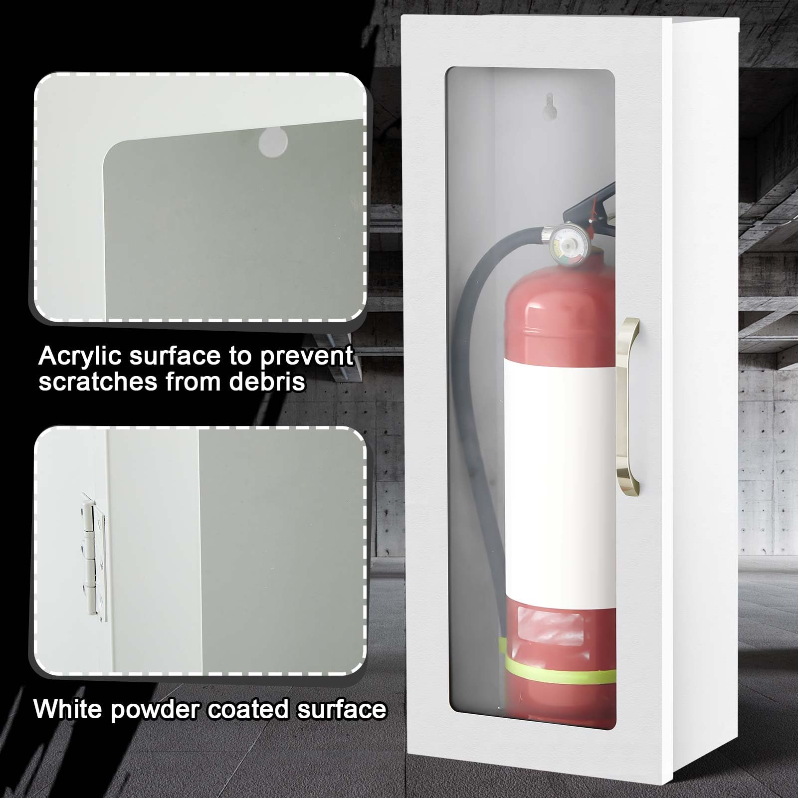 Zonon Extintor de incendios para montaje en pared y superficie, 24 pulgadas de alto x 9 pulgadas de ancho x 6 pulgadas de profundidad, caja de extintor de incendios de acero blanco con asa para
