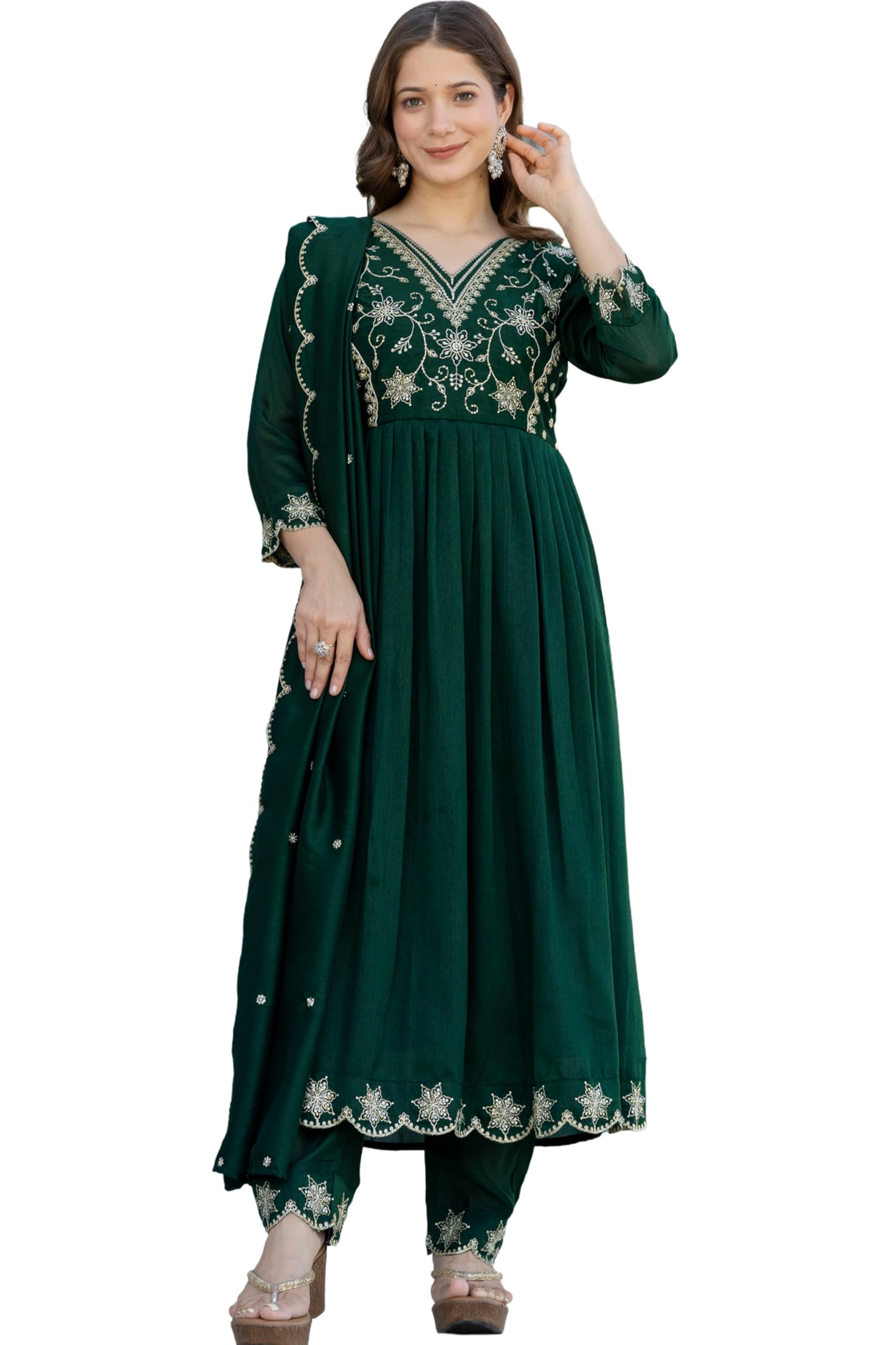 ONPEAK Designer Anarkali Suit Set Kurti Pant Dupatta Embroidered Wedding Festive Party Wear, Green, Large