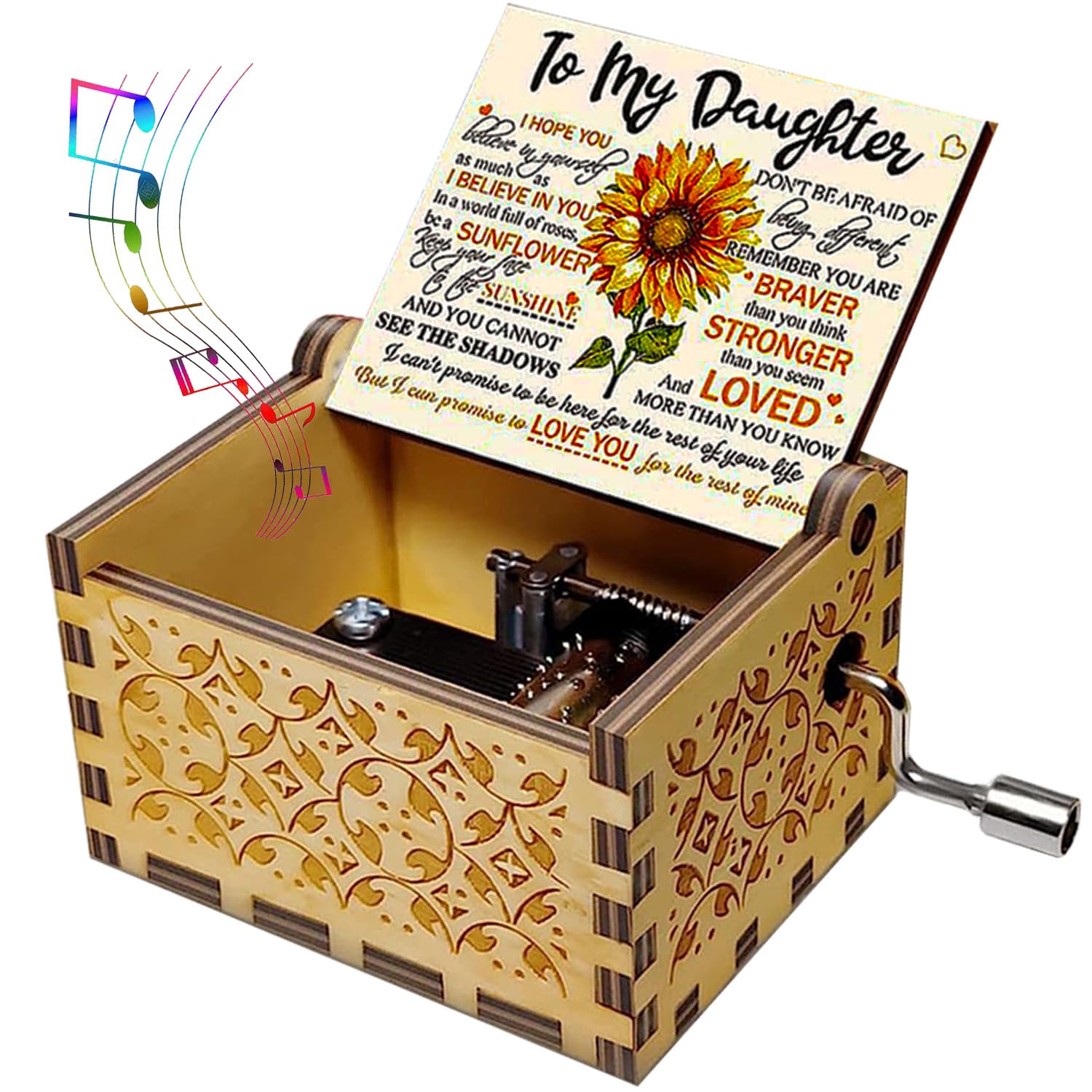 sakruda Wooden Music Box for Daughter,Gift from Mum or Dad to my Daughter,Hand Crank Melody You Are My Sunshine,Vintage Wood Musical Box Gift to my Daughter,Girls on Birthday,Christmas Day,New Year