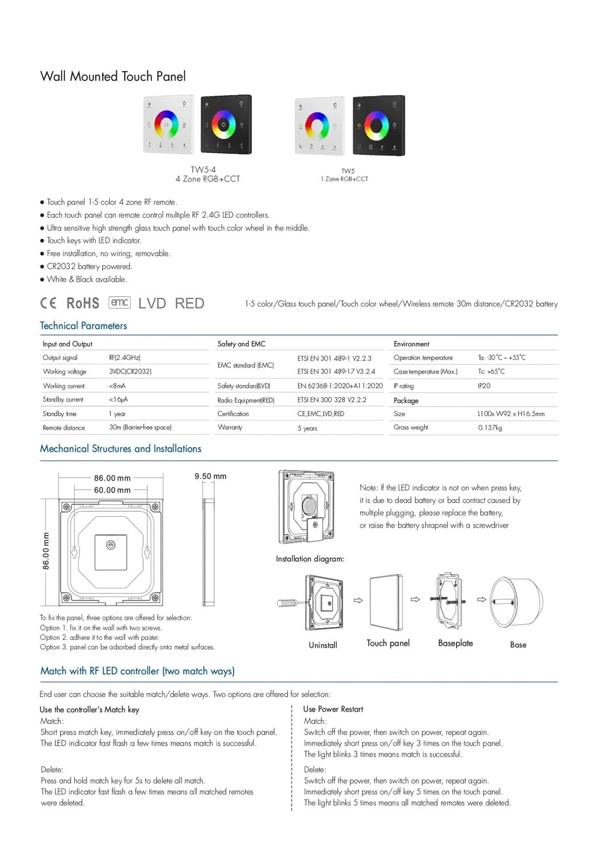 Taśma świetlna LED RGB z pilotem zdalnego sterowania, przełącznik ściemniania, ekran dotykowy na ścianie, DC 12 V do 24, CCT / RGBW / Dim (1-Zone TW5-W RGBCCT)