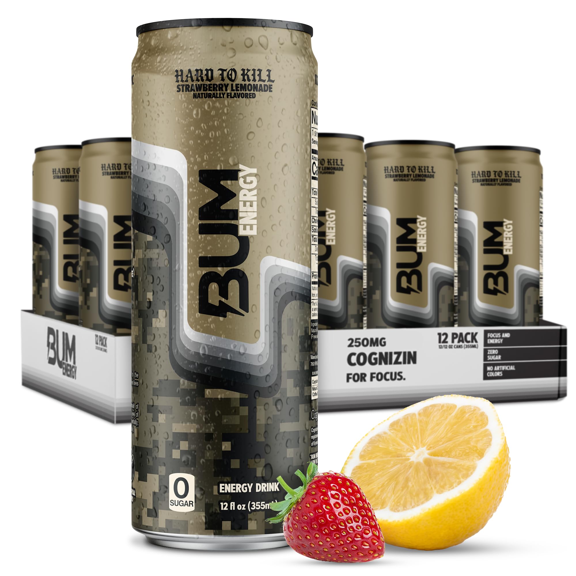 BUM Sugar-Free Energy Drink, Strawberry Lemonade - Lightly Carbonated & No Artificial Colors, Natural Caffeine & Citicoline for Energy, Focus, Brain