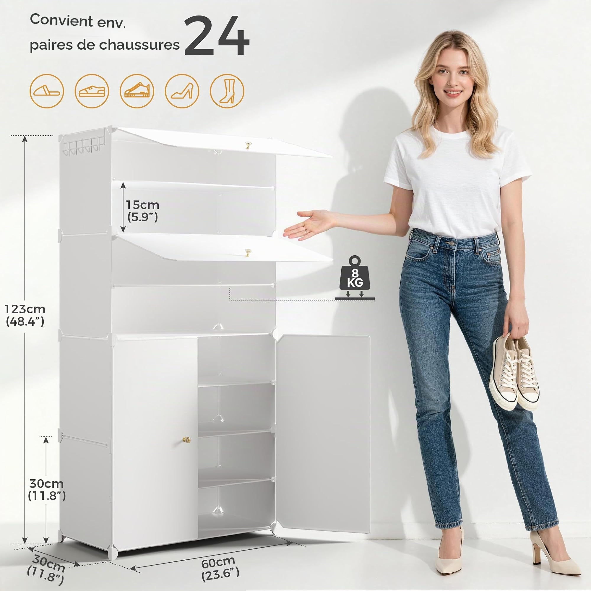 Mondeer Étagère à Chaussures 8 Niveaux, Étagère de Rangement Modulable avec Porte en Plastique, pour Couloir Chambre Salon, 30 x 60 x 138 cm (Blanc)