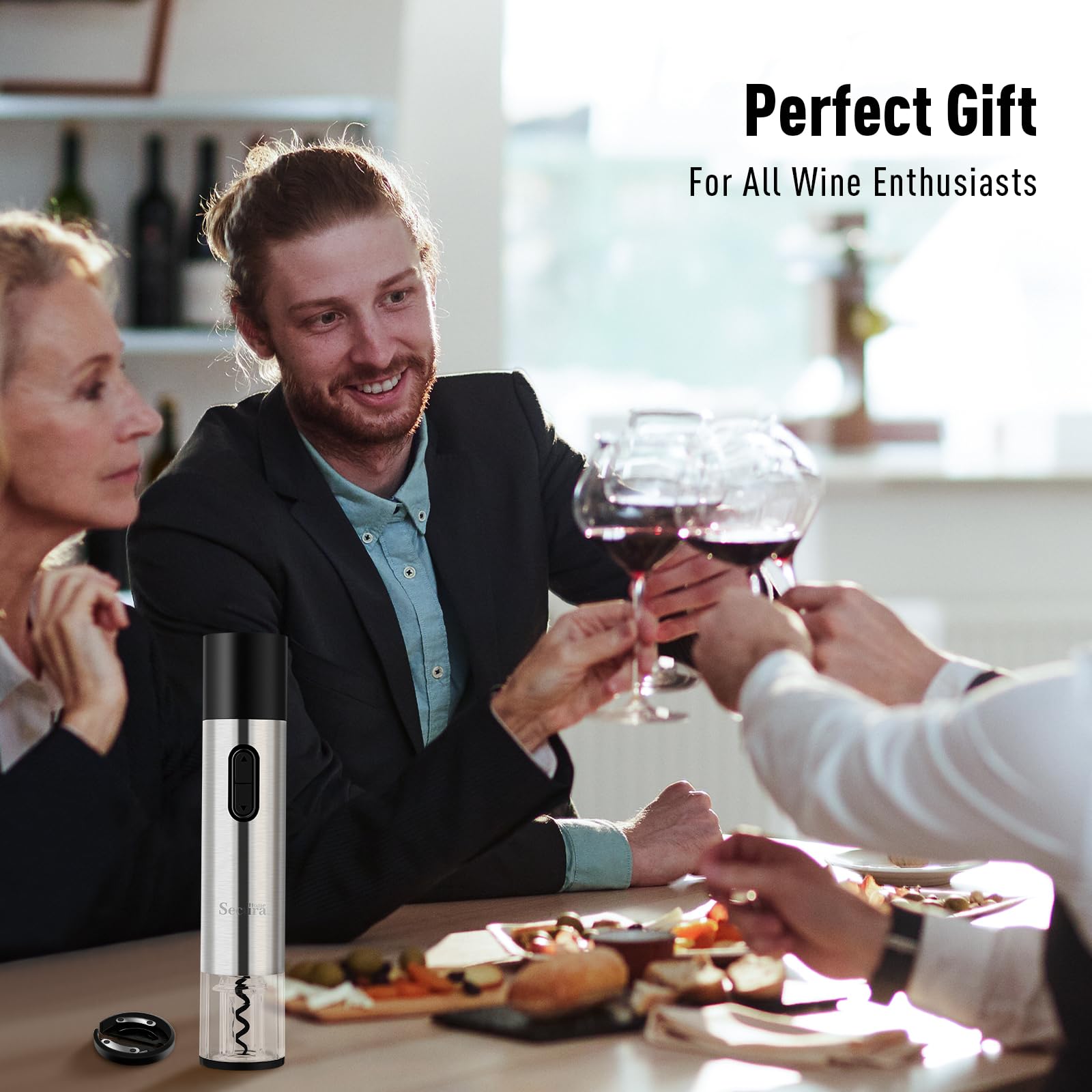 Secura Home Abridor eléctrico de botellas de vino y abridor de cerveza 2 en 1, sacacorchos automático recargable con cortador de aluminio, abridor de vino eléctrico con un solo clic para el hogar