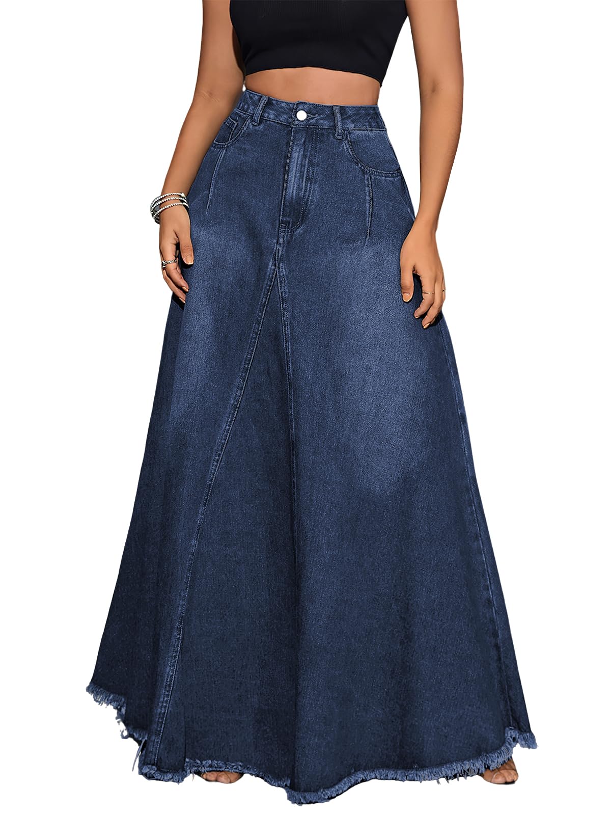 ebossy Womens Retro Distressed High Waist Frayed Hem A Line Wash Maxi Long Denim Skirt with Pockets
