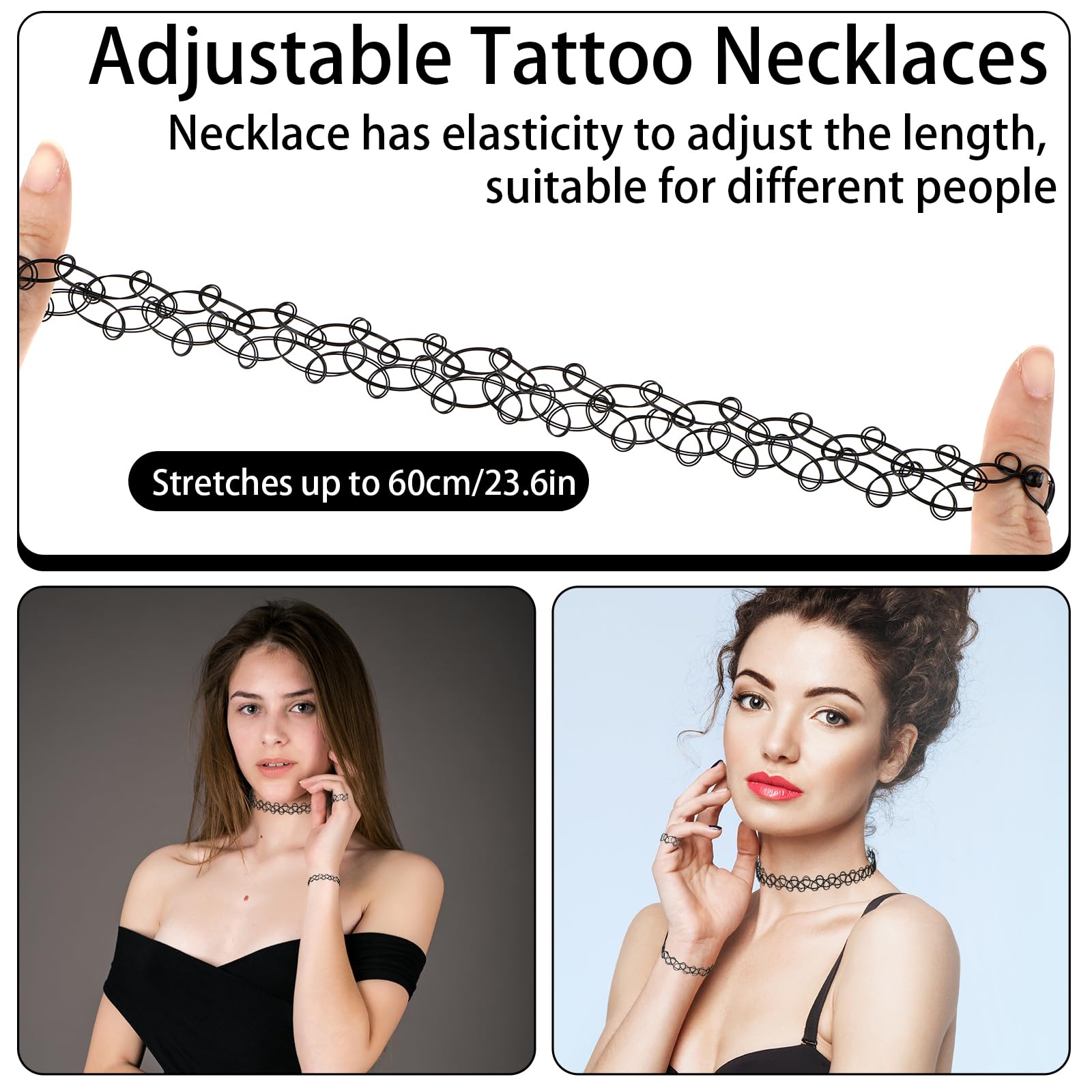 Andibro 12 sztuk zestaw rozciągliwych naszyjników, 4 zestawy rozciągliwe naszyjniki choker z tatuażem, bransoletki, pierścionki damskie, vintage punk gothic, naszyjnik z tatuażem, gumowy, z lat 90