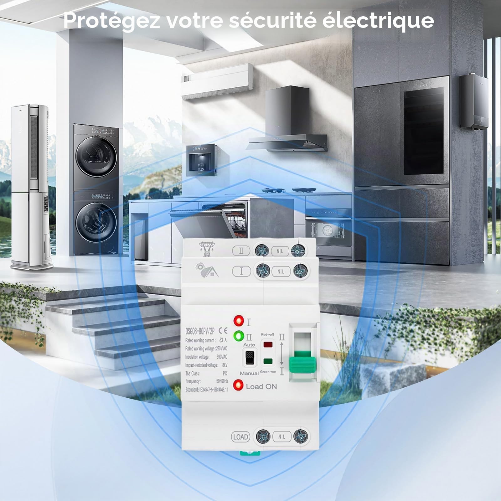 Inverseur de Source Automatique 63A 2P, Inverseur de Source monophasé 63A, Inverseur de Source, ATS 220V DIN – Commutation <50ms, Boîtier ignifugé, pour générateur et onduleur