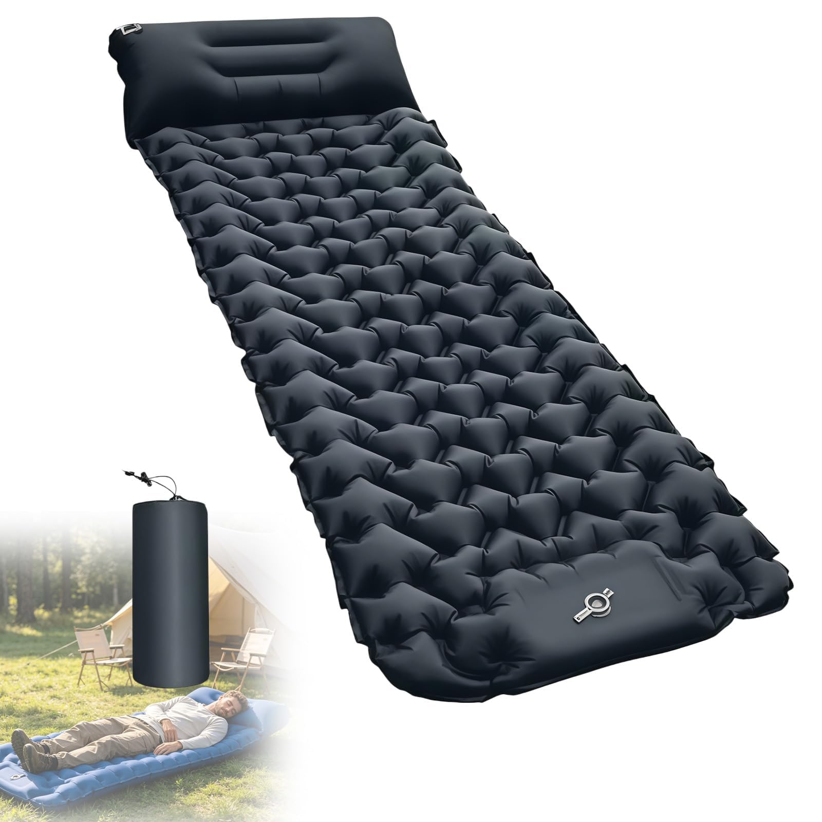 Matelas de Camping Gonflable 9 cm d'Épaisseur, Matelas Camping Ultra-léger Autogonflant pour Extérieur avec Pompe Et Oreiller, Imperméable – Idéal pour Randonnée, Plage, Tente et Voyage (Noir)