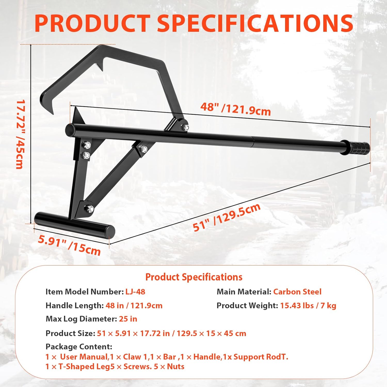 51" Long Handle Log Lifter, Adjustable Heavy Duty Log Roller, Cant Hook Log Jack with Rubber Grip, Logging Tool for Rolling and Raising Log (Black)