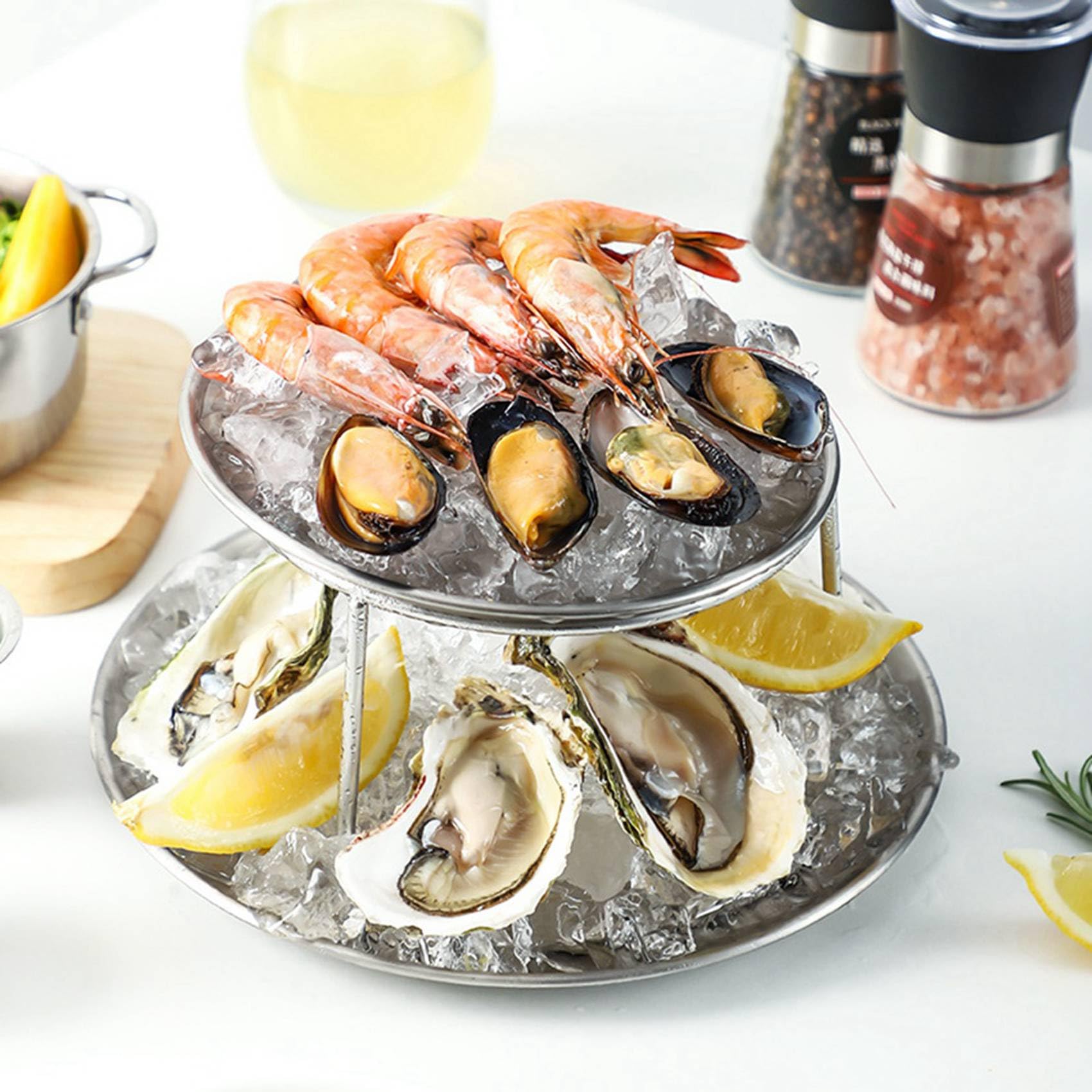 3X Set di Piatti per di Mare Doppio Piatto Snack nel Acciaio Inossidabile Torta per Il tè Pomeridiano