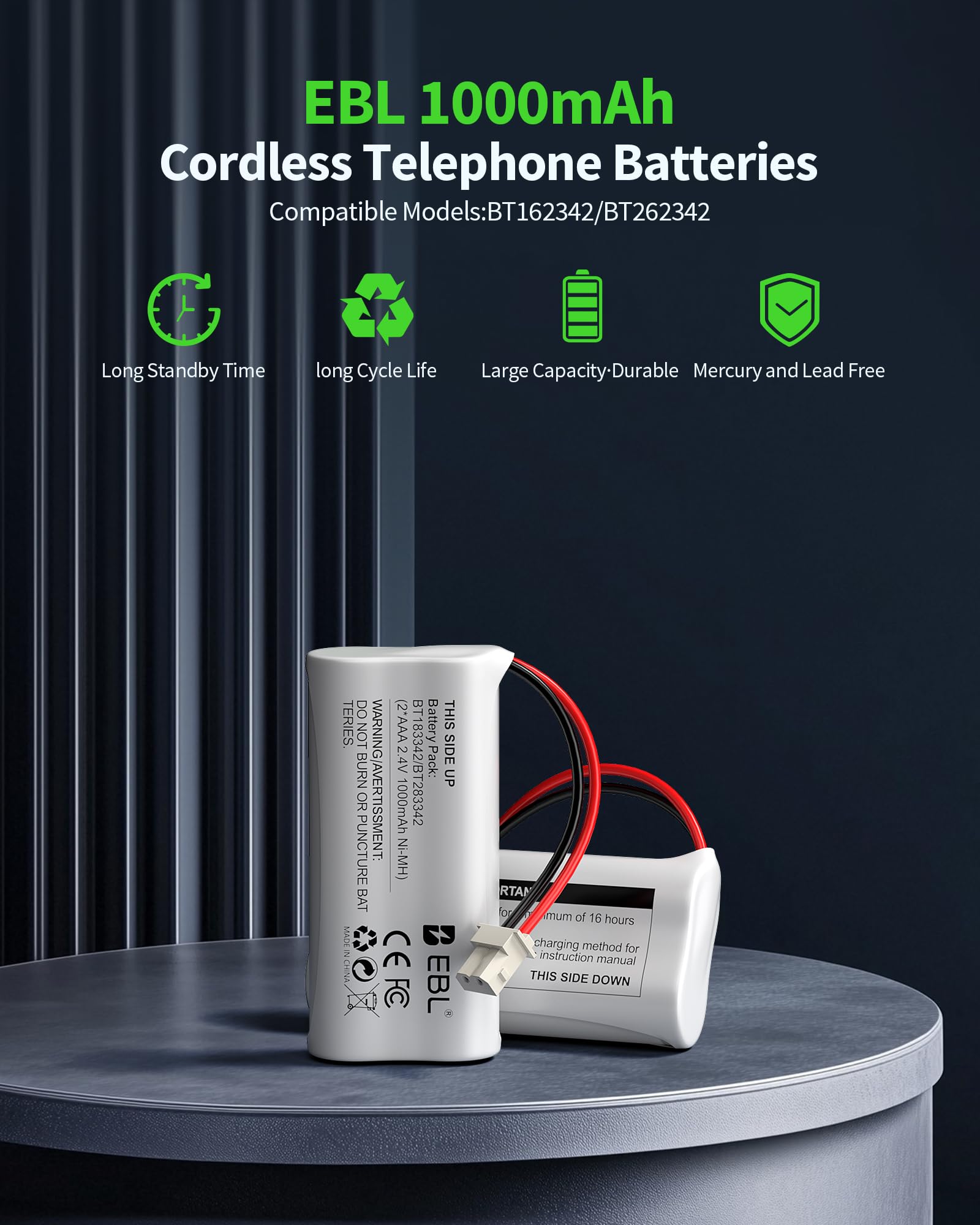 EBL BT162342/BT262342 2.4V 1000mAh Ni-MH Battery Compatible for BT183342/BT283342 BT166342/BT266342 VTech CS6114 CS6419 CS6719 at&T EL52300 CL80111 Cordless Phone (Pack of 4) White