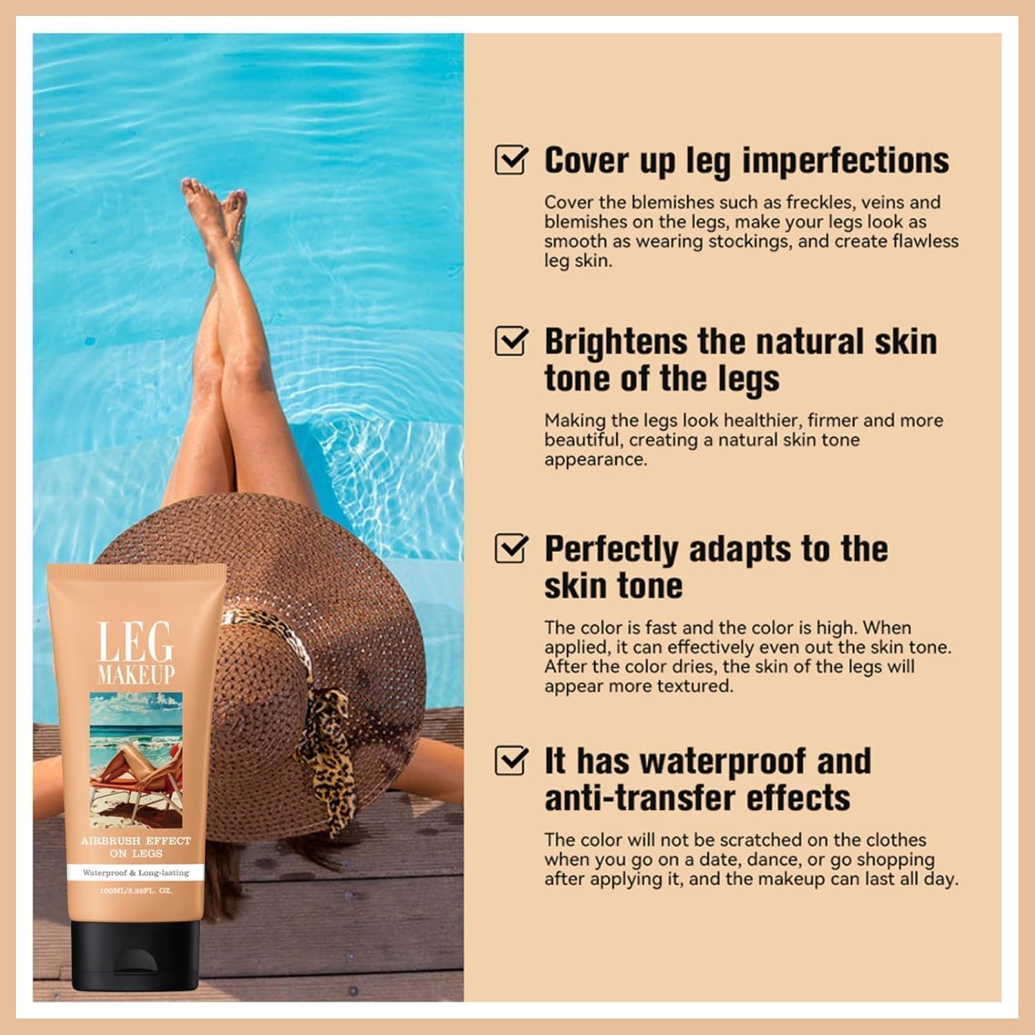 Correttore corpo perfetto, resistente all'acqua e al sudore, offre una copertura completa per gambe e tatuaggi, lunga durata, finish naturale.